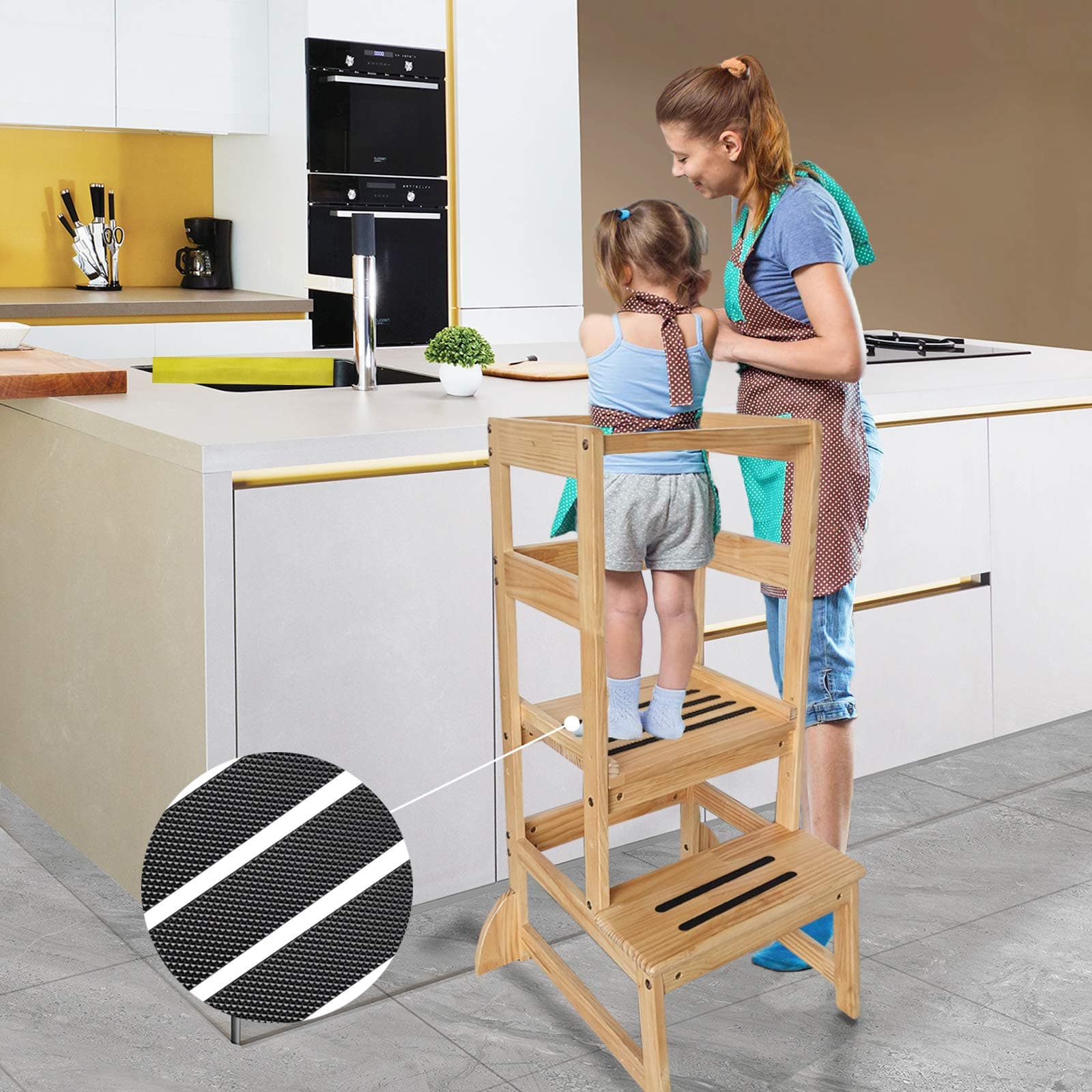 KIOSESI Kitchen Step Stool(Adjustable) with Safety Rail & Anti-Slip Mats, Kids Step Stool &Toddler Kitchen Stool for Children 18 Months and up (Natural)