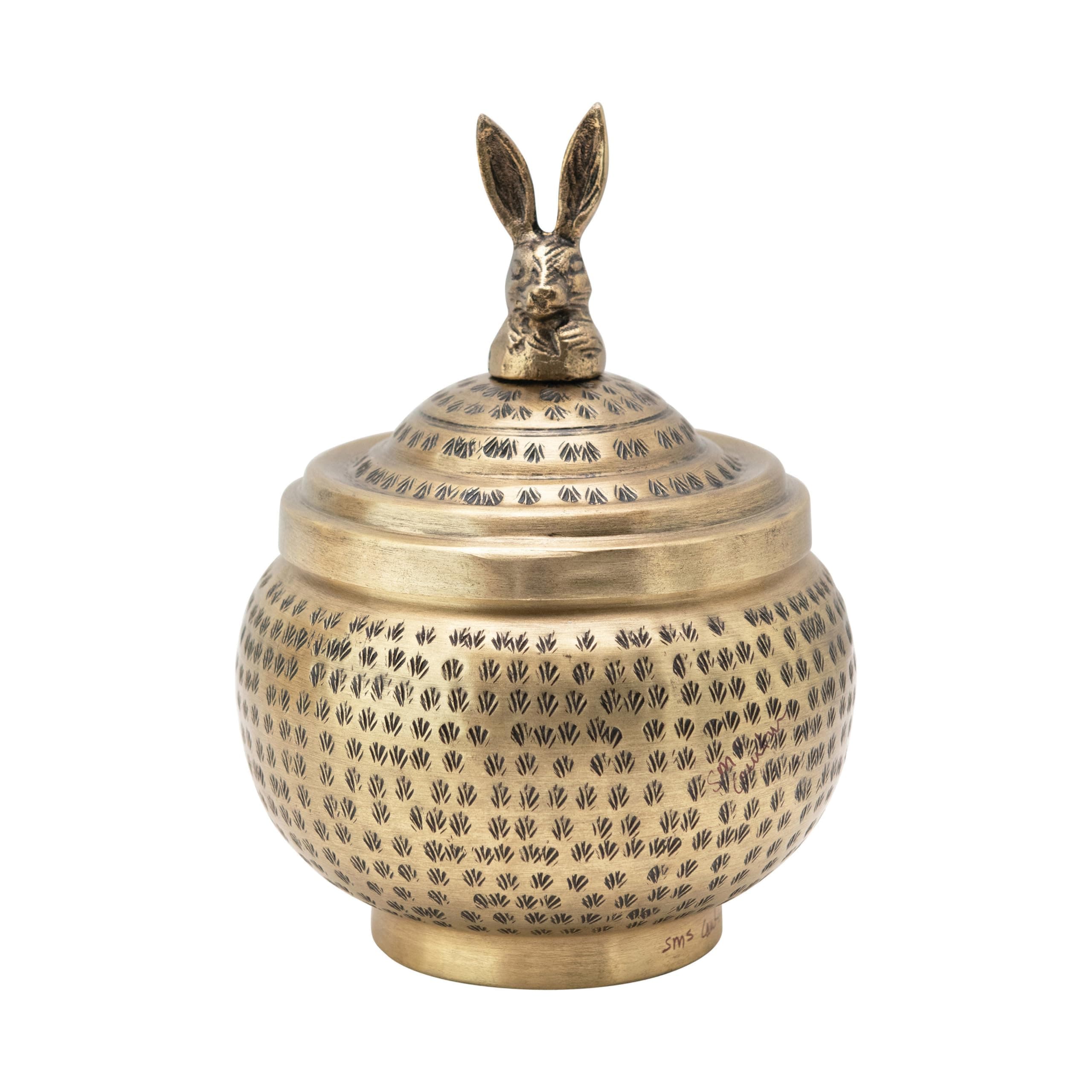 Hammered Metal Container with Rabbit Finial, Brass Finish Storage Box