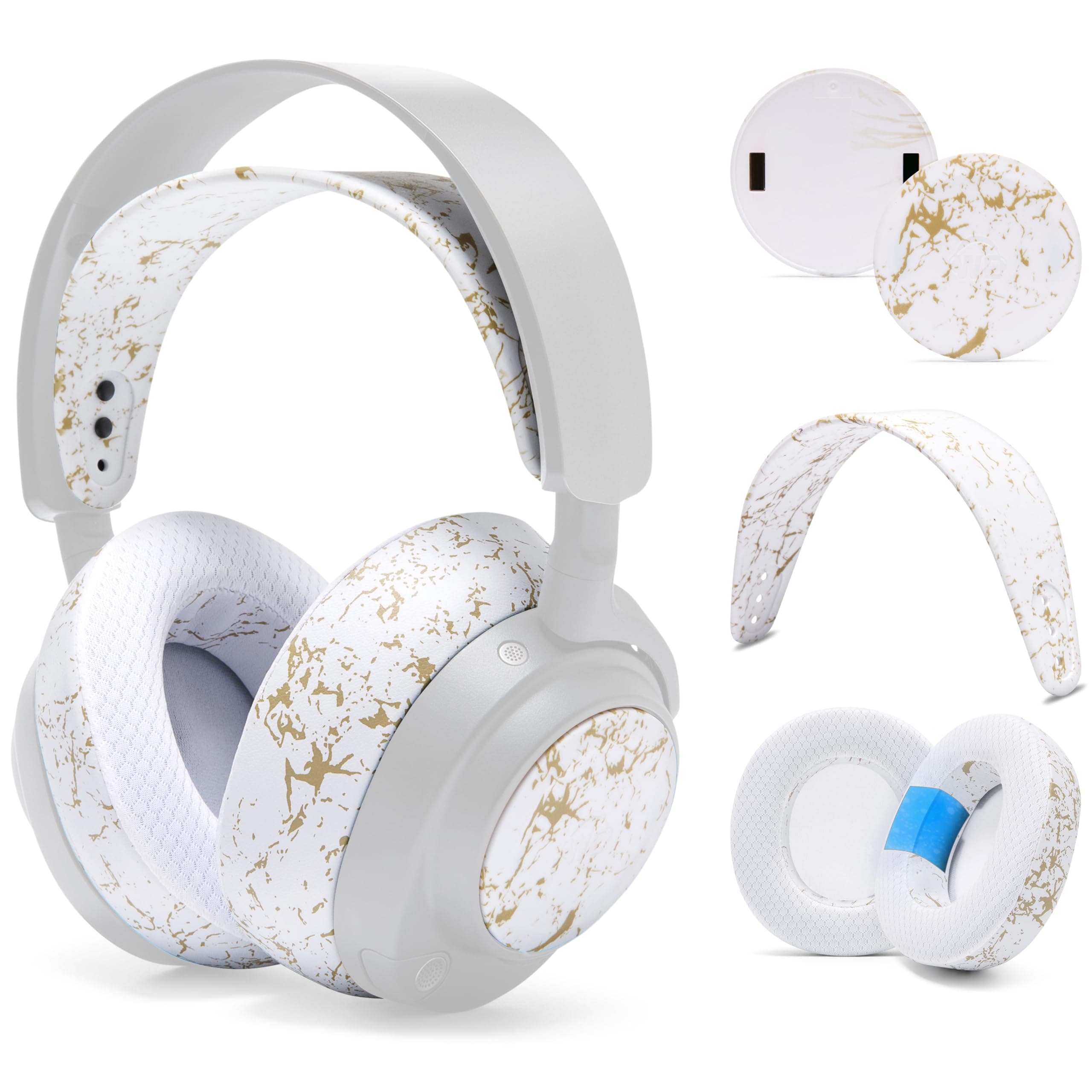 WC Arctis Nova Bundle Pack - Cooling Gel Earpads, Silicone Headband, and Side Speaker Plate Upgrade for Arctis Nova Pro Wireless by Wicked Cushions | Gold Marble