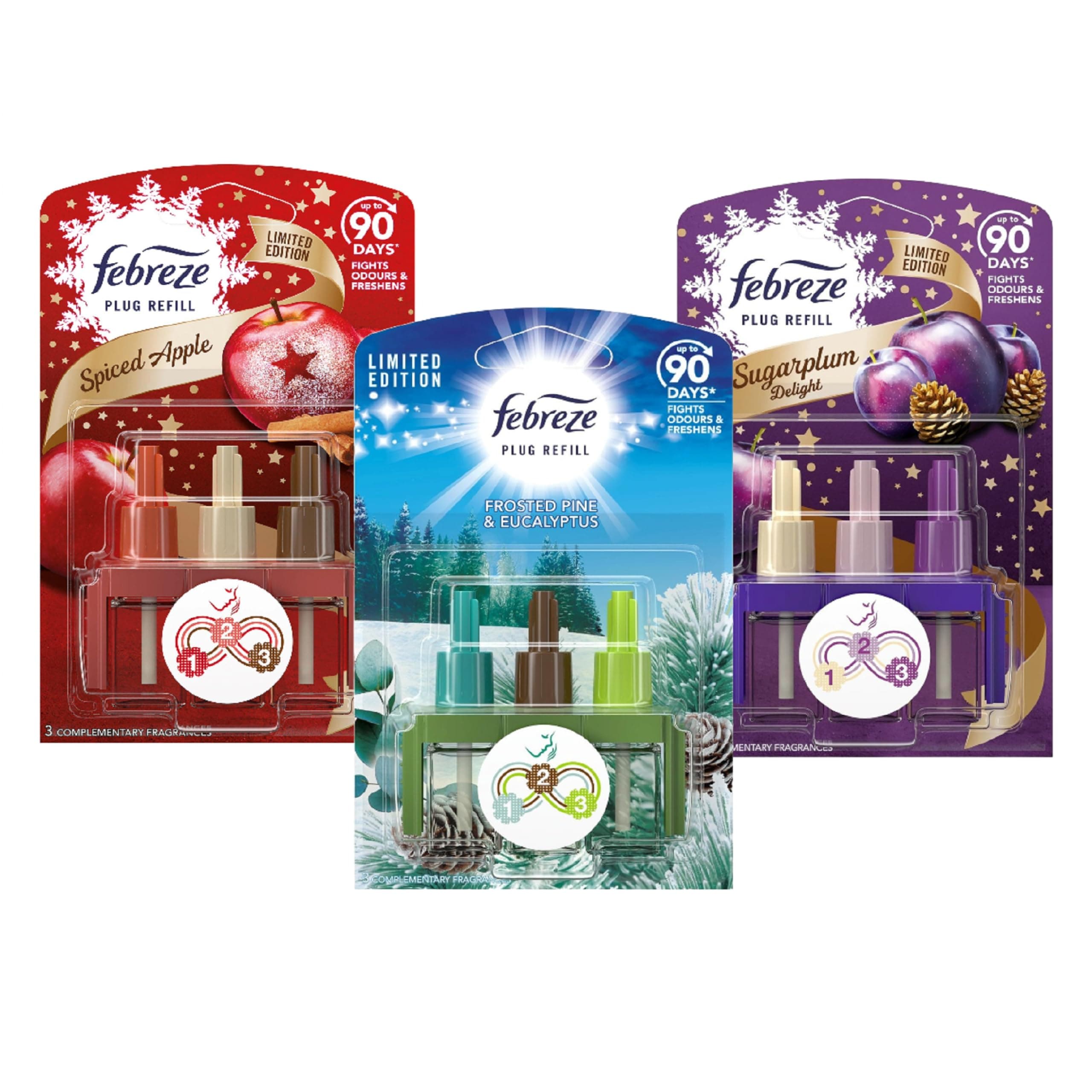 Limited Christmas Edition Plug In Refill Bundle - 3 x 20ml Flavors: Spiced Apple, Sugar Plum, Frosted Pine & Eucalyptus Room Fresheners with Topline Card. Gifts for Stocking Fillers