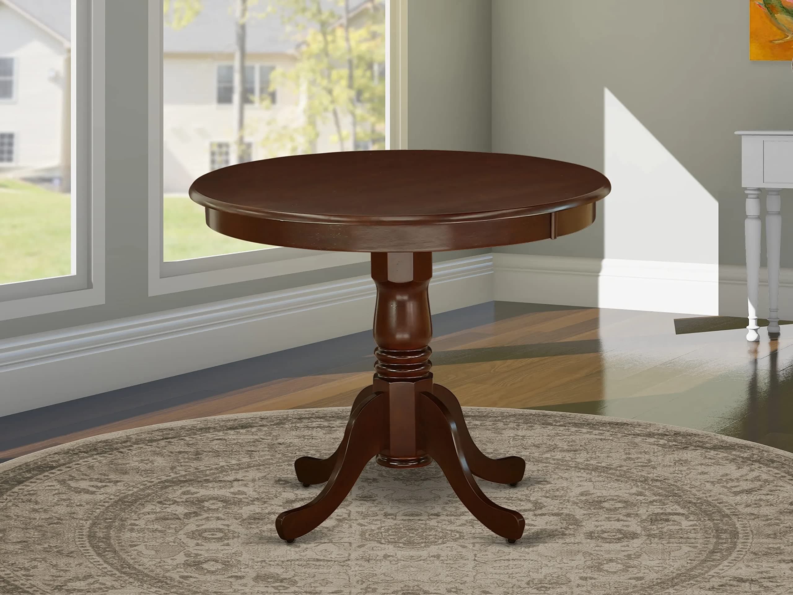 East West Furniture ANT-MAH-TP Antique Dining Room Table - a Round kitchen Table Top with Pedestal Base, 36x36 Inch, Mahogany