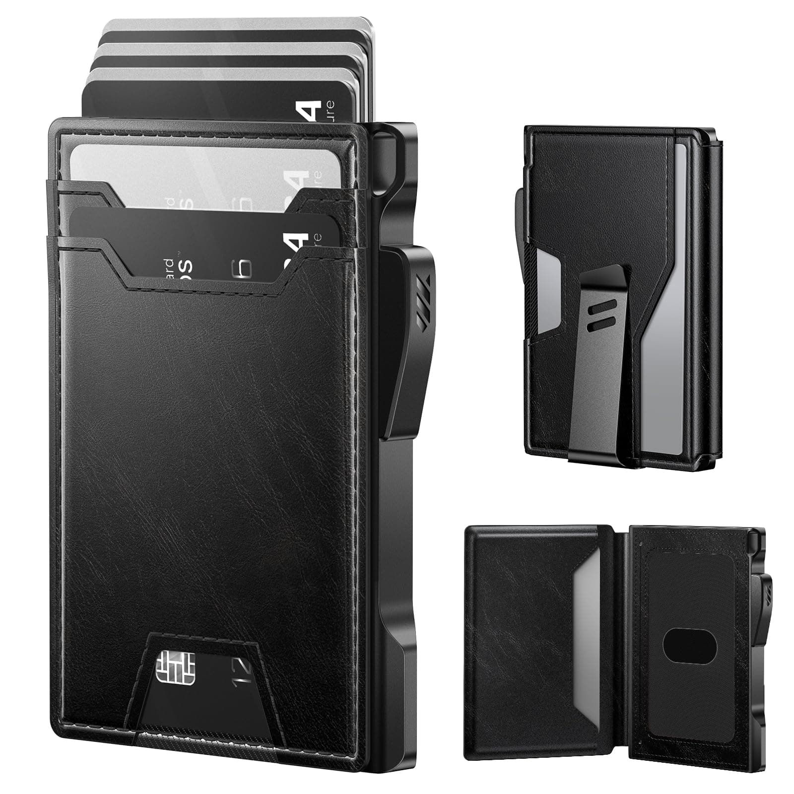 Wallet for Men: Rfid Blocking Wallet 9-13 Card Capacity with Money Clip Slim Leather Front Pocket Smart Pop Up Card Case Bifold Minimalist Wallet with Gift Box - Atlanta Black