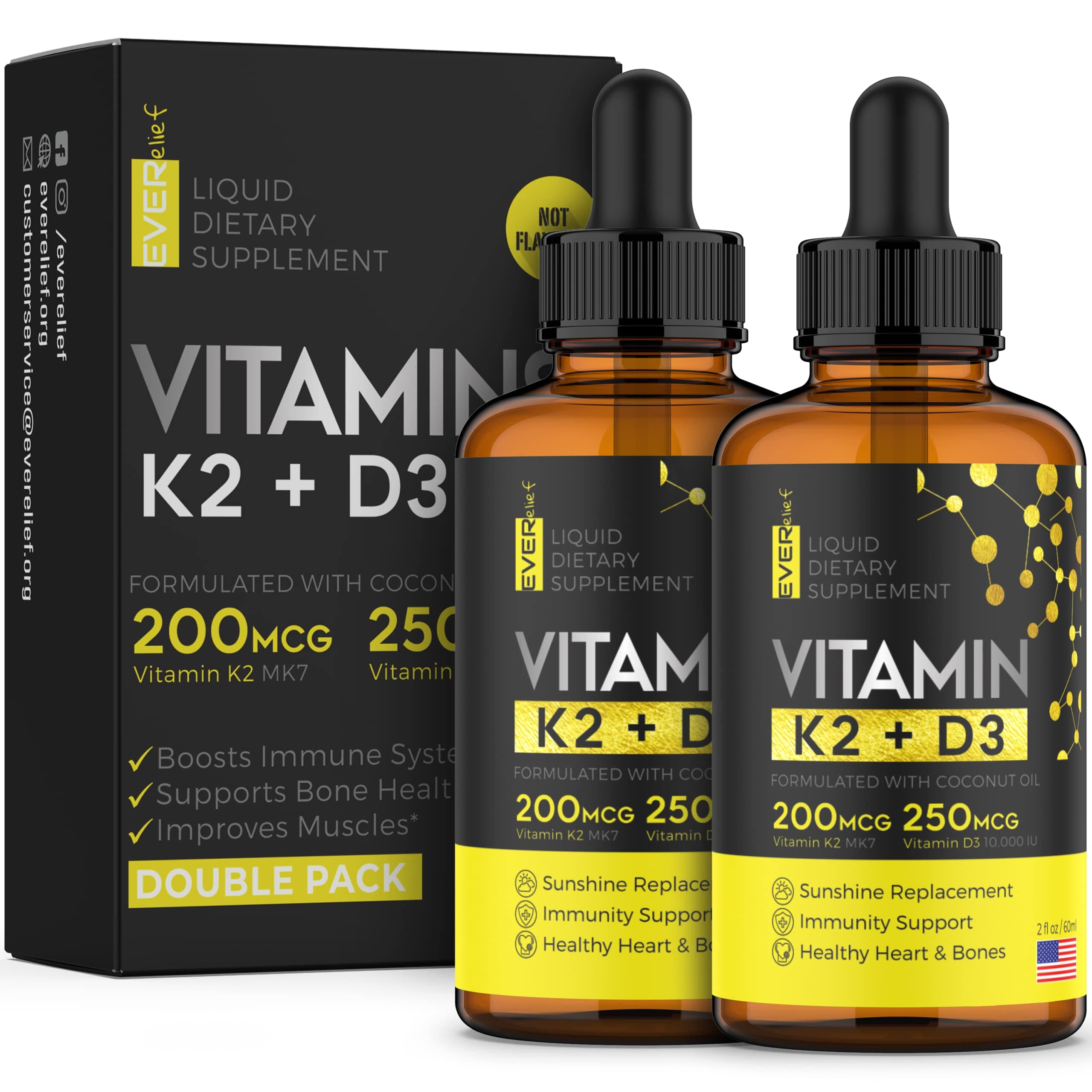 (2 Pack) Liquid Vitamin D3 with K2 - Vitamin D3 Drops 10000 IU + Sublingual vitamin k2 liquid with Coconut Oil | Supports Your Bones & Heart and Boost Your Immune System | Organic Vitamin D K2 Liquid