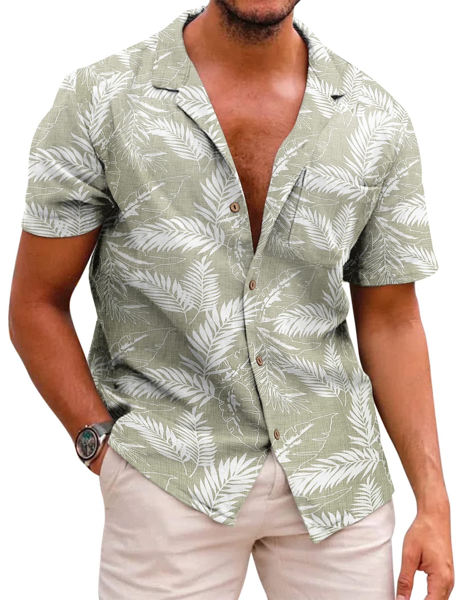 Mens Hawaiian Shirt Short Sleeve Buttoon Down Shirts Casual Tropical Floral Summer Linen Shirts