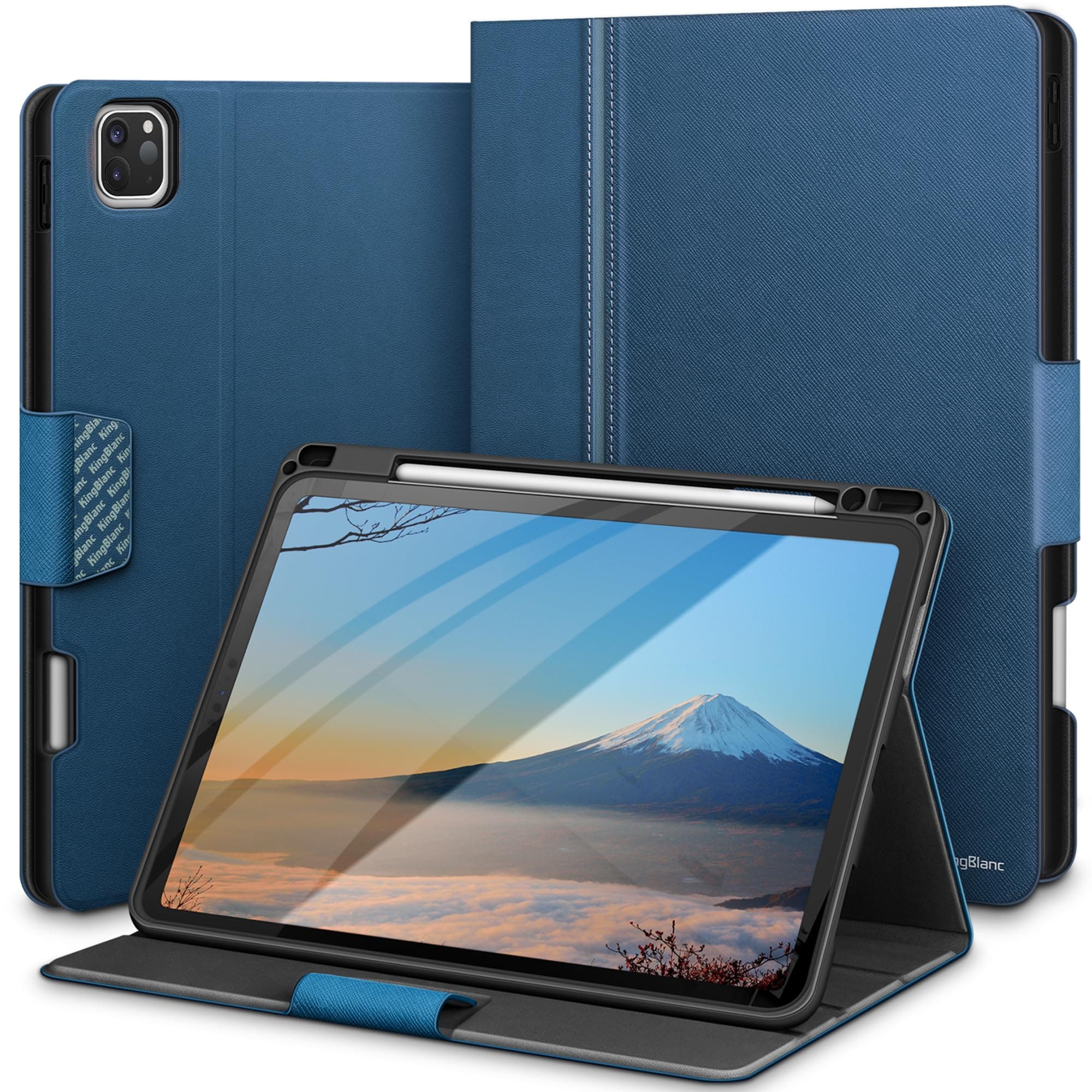 KingBlanc Case for iPad Pro 11 inch 4th/3rd/2nd/1st Generation (2022/2021/2020/2018) with Pencil Holder, PU Leather Protective Stand Folio, Auto Sleep/Wake, Multi-Angles for Viewing/Typing, Blue