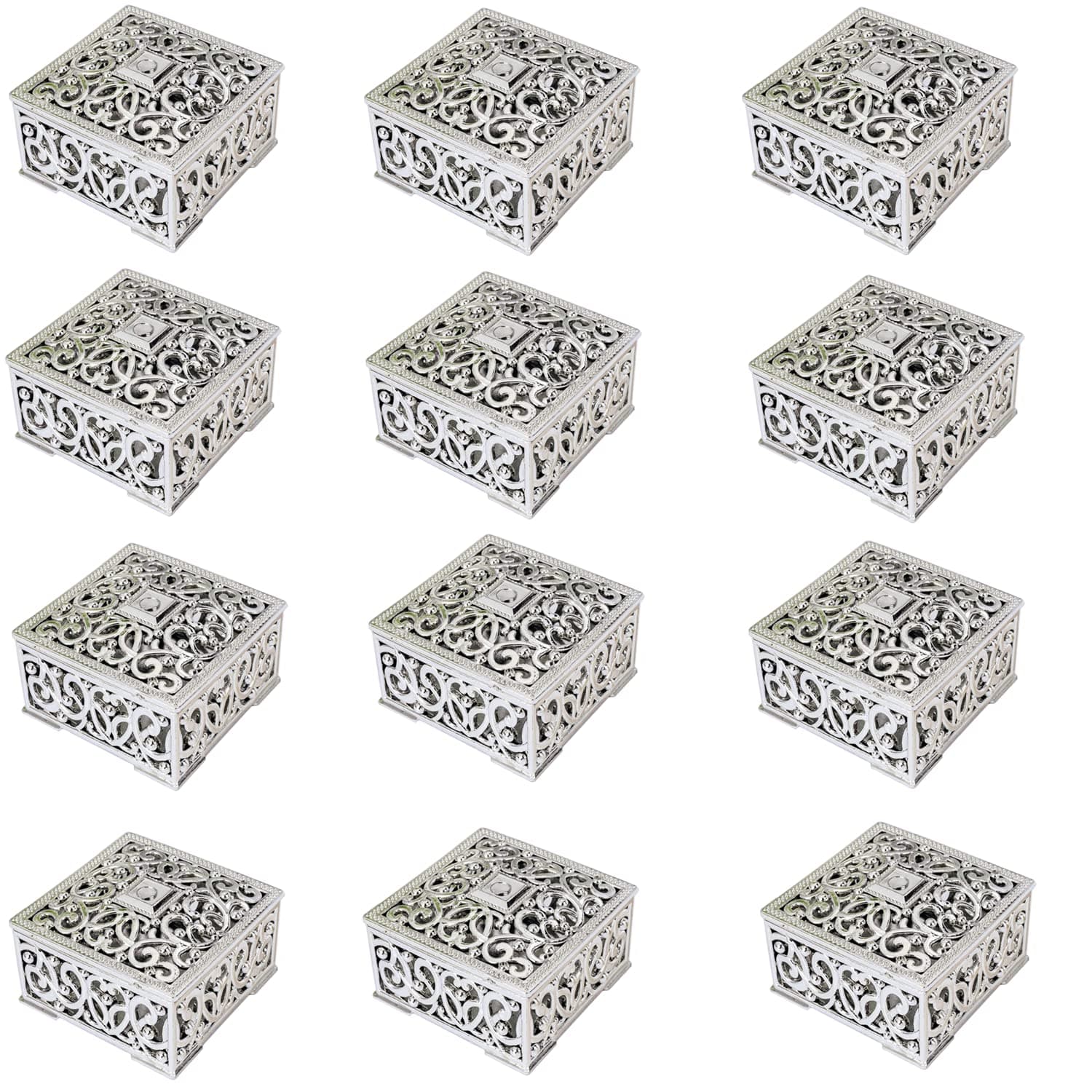 HAN SHENG 12 Pack Hollow Out Candy Gift Boxes - 2.4''x2.4''x1.3'' Clear Plastic Wedding Favor Containers for Christmas, Birthday, Baby Shower Party Decor (Silver)