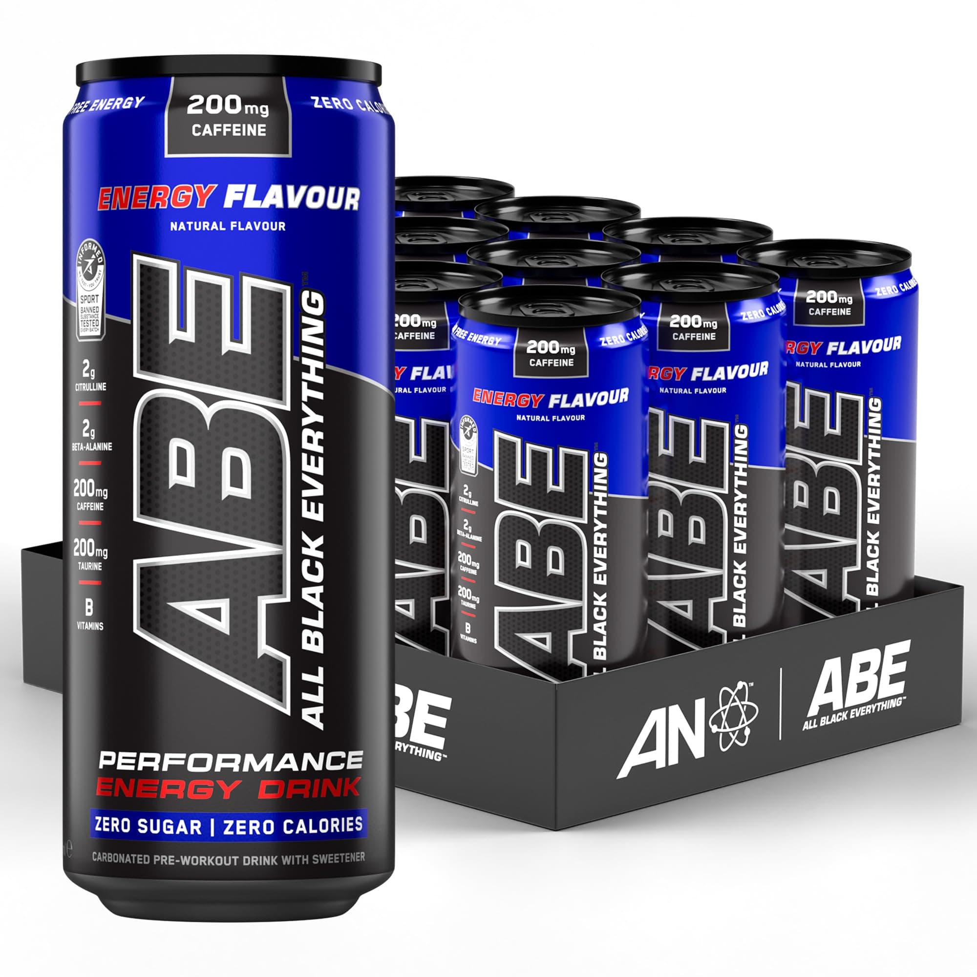 ABE Pre Workout Cans - All Black Everything Energy + Performance Drink, ABE Carbonated Beverage Sugar Free with Caffeine (Pack of 12 Cans x 330ml) (Energy Flavour)