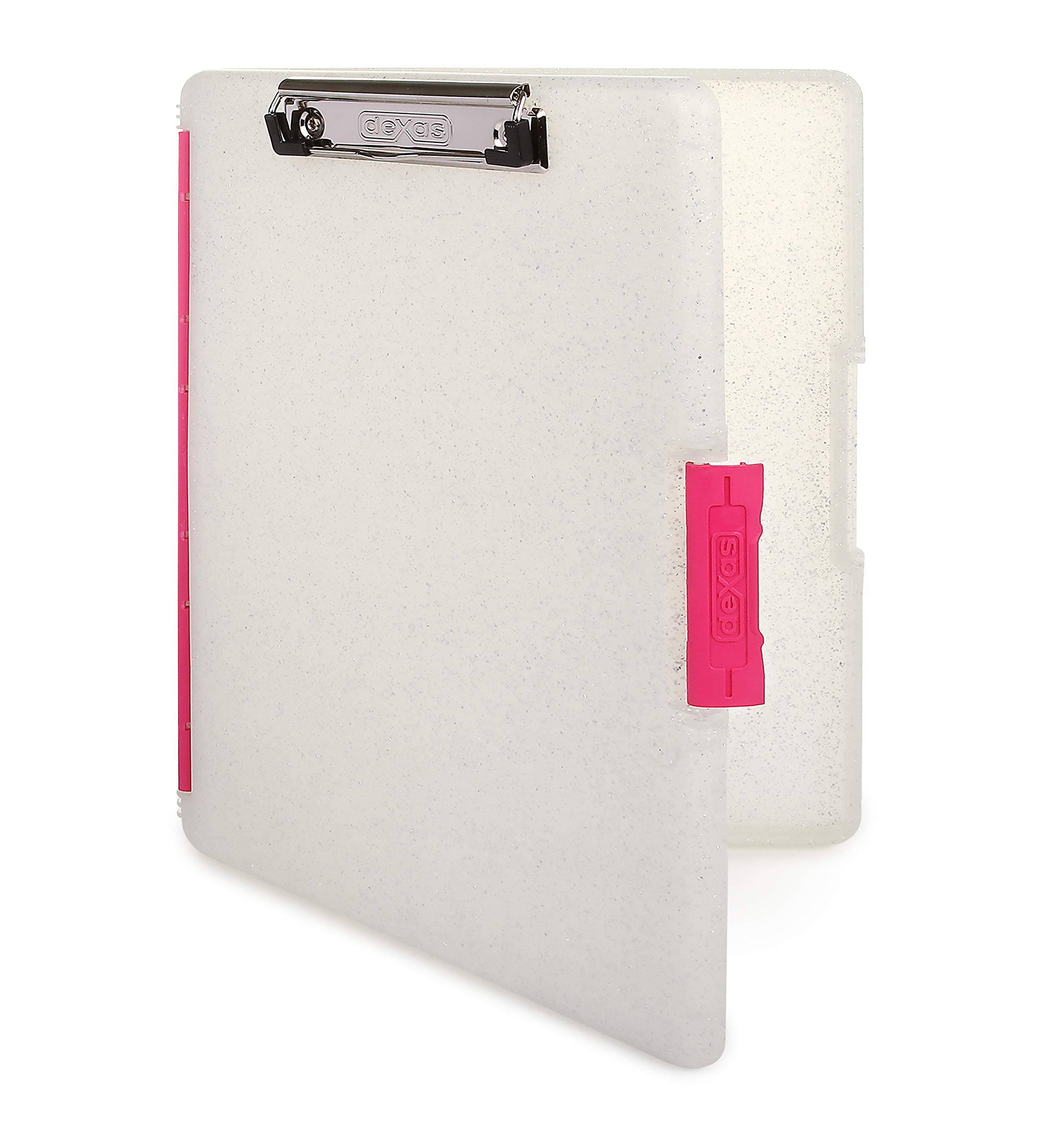 Dexas Slimcase 2 Plastic Clipboard with Storage and Side Opening, Natural Glitter Pink Binding, Office Supplies Clipboards to Organize, A4 Holder, Nursing Clipboards