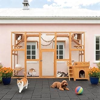 Merax 118 Inch Wooden Catio Outdoor Cat Enclosure,Large Luxury Kitty-House with 6 Jumping Platforms, 2 Bridges & Transparent PVC Roof, Kitty Kennel Condo Shelters and a Napping House, Natural