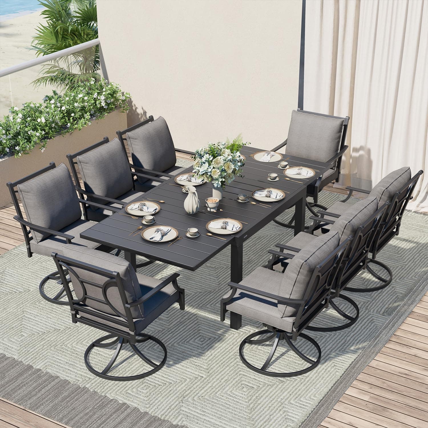 Grand patio 9-Piece Patio Dining Set for 8, E-Coated Outdoor Dining Set Swivel Patio Dining Chairs with Olefin Cushions & 1 Black Extendable Rectangular Table for 6-8 Person
