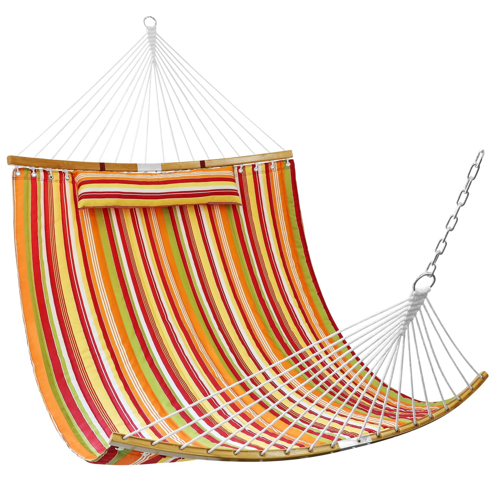 Quilted Fabric Hammock with Pillow 11 FT Double Hammock with Spreader Bar, Quilted Hammocks for Outside Heavy Duty 2 Person Hammock for Outdoor Garden Balcony, 440 Pound Capacity, Red Stripe