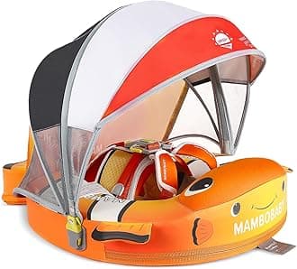 Mambobaby Baby Pool Float with Canopy, Non-Inflatable Infant Swim Float with Safe Seat and Tail Support for 3-24 Months, UPF 50+ Sun Protection
