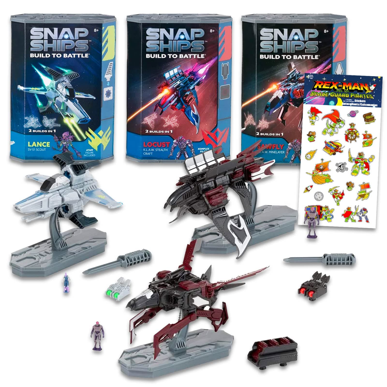 Game PartySnap Ships Build to Battle Set - Bundle with 3 Build Your Own Spaceship Toys Featuring Lance, Locust, and Sawfly for Boys Plus Stickers | Spaceship Building Set
