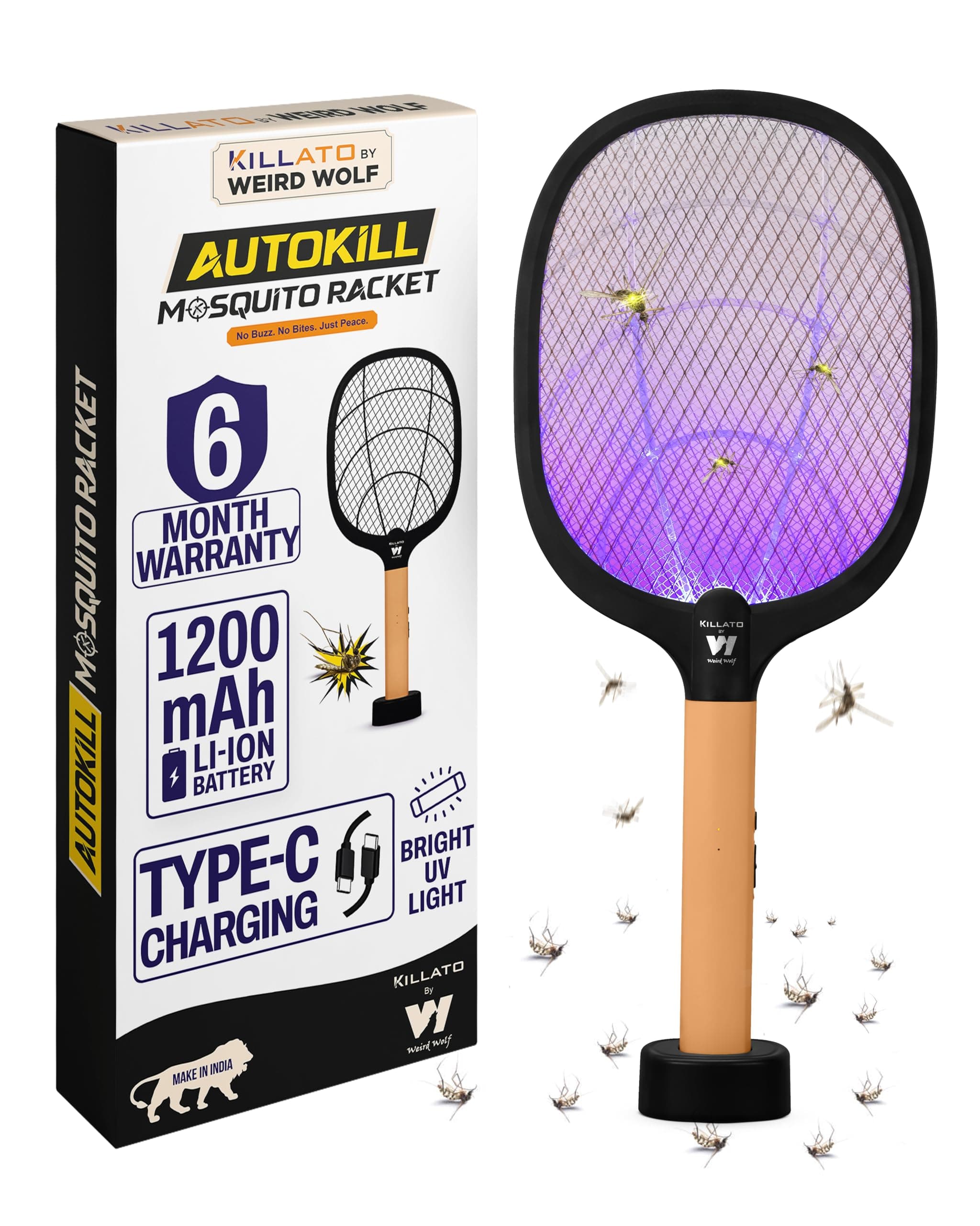 Weird Wolf 2 in 1 Rechargeable Mosquito Killer Racket with UV Light & Base Stand | Electric Fly Swatter with Auto & Manual Mode | Type-C USB Charging | 1200 mAh Lithium Battery | 6 Month Warranty