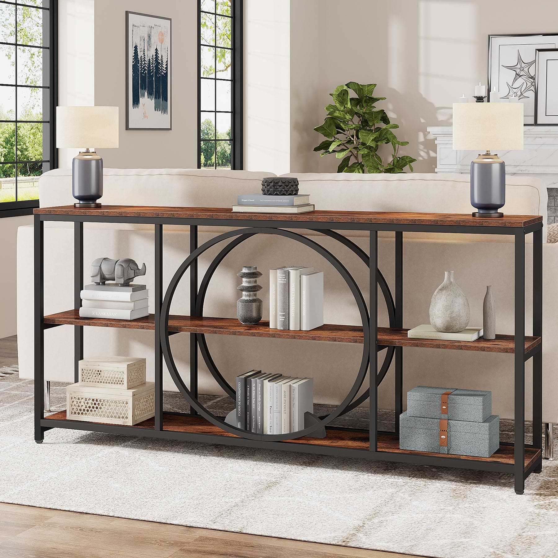 Tribesigns Extra Long Console Table, 70.9 inch Narrow Sofa Tables with 3 Tier Wood Storage Shelves Industrial Metal Frame for Entryway Hallway Living Room Behind Couch, Rustic Brown Black