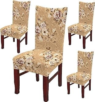 BRIDA® Polyester Spandex Stretchable Floral Geometric Printed Dining Chair Covers Elastic Chair Seat Case Protector, Slipcovers (4 Chair Cover, Beige)