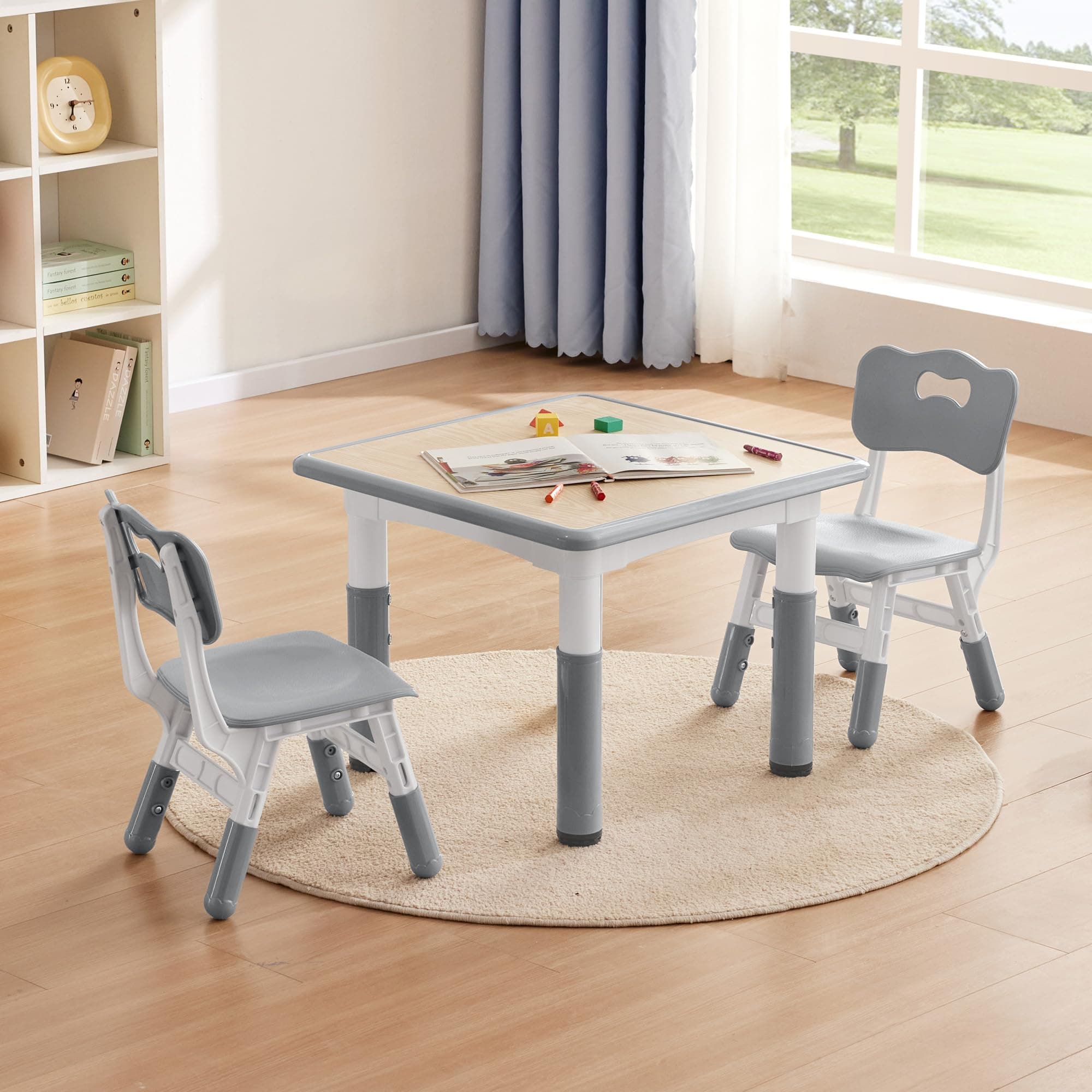 GITAWUSA Kids Study Table and Chairs Set, Height Adjustable Toddler Table and Chair Set for Kids Ages 3-8, 23.6" L x 23.6" W Graffiti Desktop Plastic Children Art Table with 2 Seats, W-Grey