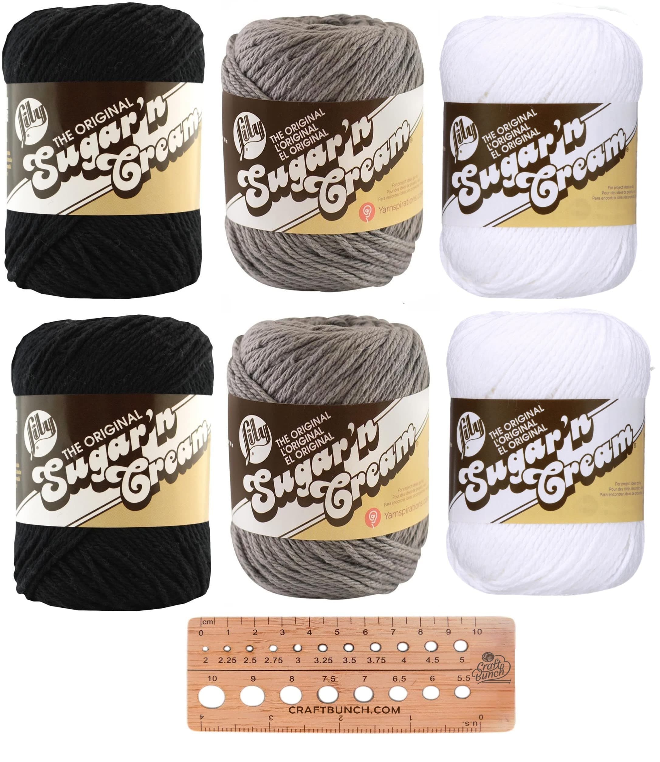 Lily Sugar n' Cream Variety Assortment 6 Pack Bundle 100% Cotton Black White Grey Medium 4 Worsted with Knitting Gauge