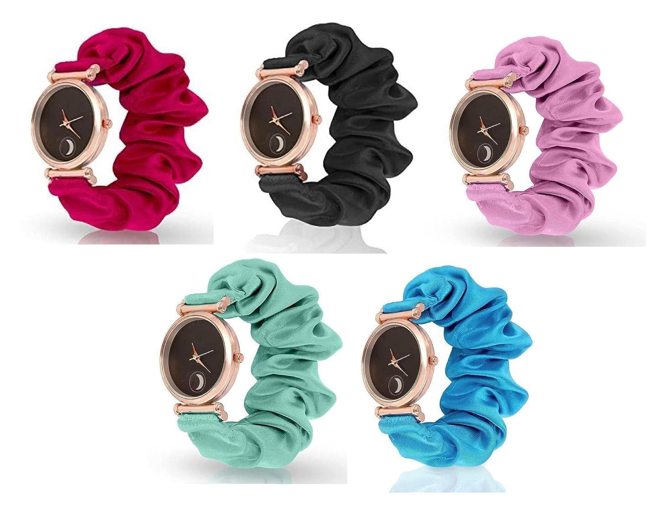 METEOROID Black Analog Dial Scrunchies Strap Watch Cloth Solid Fabric Wristband Watch Elastic Scrunchy Bands Watch for Women and Girls