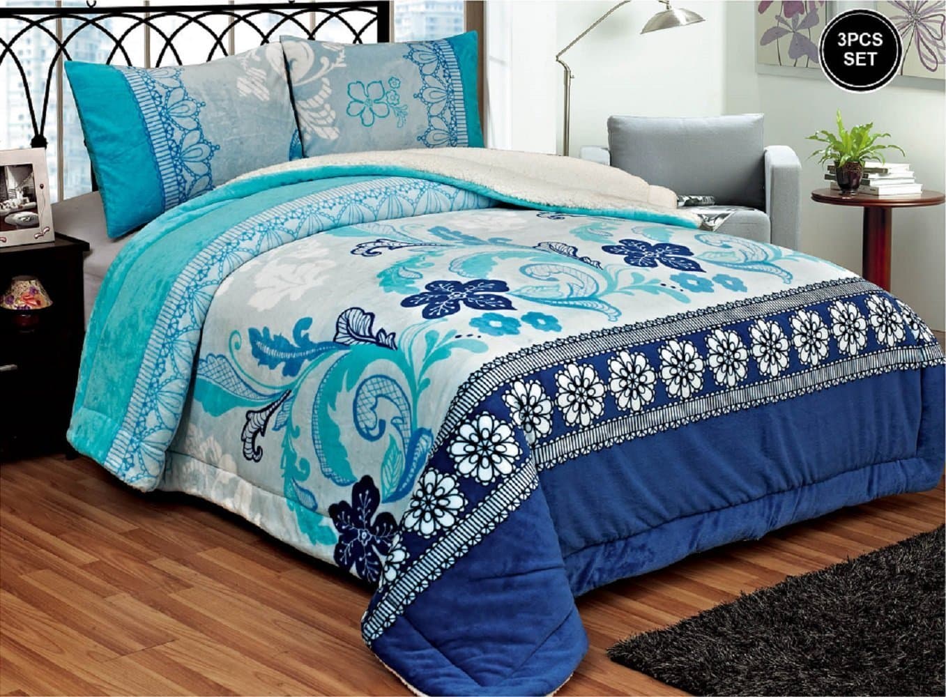 Wpm's 3 Piece Luxurious Thick Flannel Queen Blanket Sumptuously Soft Plush Faux Fur Borrego Reversible Winter Blankets Sherpa with Pillow Shams (Blue Flower 11-3)