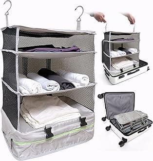 Grand Fusion Stow-N-Go Packing Organizer for Luggage, Portable Hanging Travel Shelves, Carry-On Closet, Hanging Packing Cubes, Collapsible Carry-On Organizer for Cruises & Hotels. Light Gray - XL