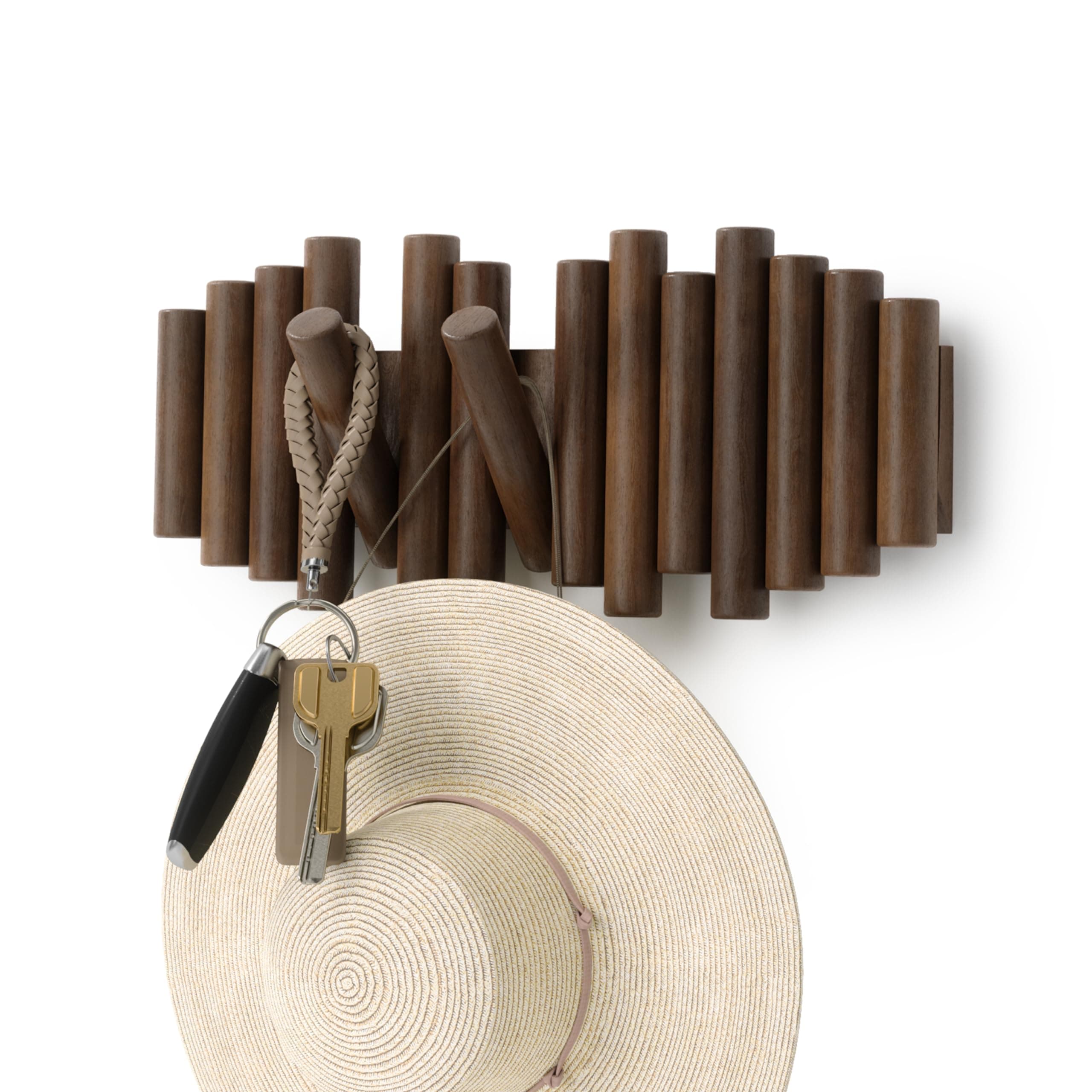 Picket Wall-Mounted Coat Rack Rail Hook with 5 Retractable Wood Pegs – Modern, Space-Saving Storage Organizer, Walnut