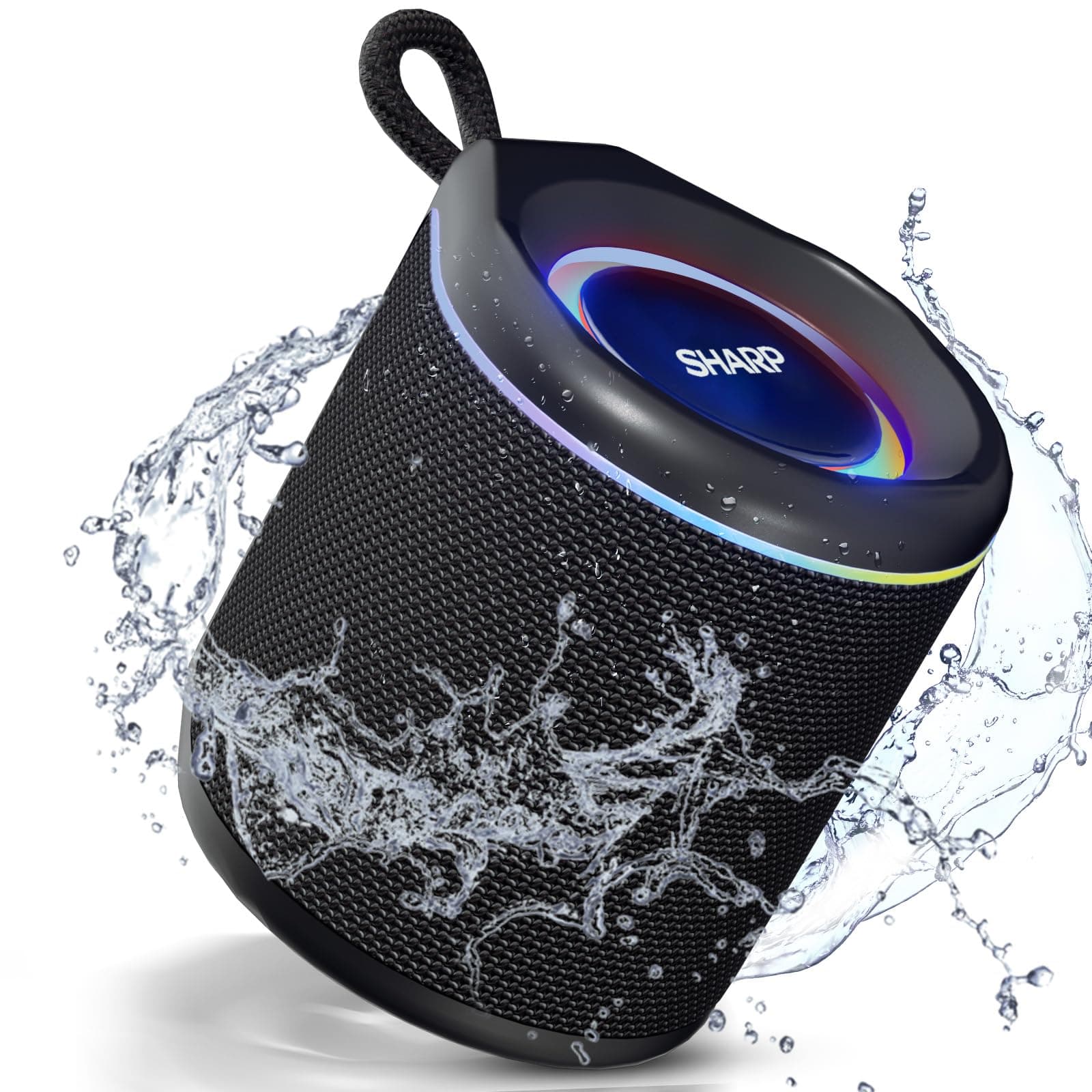 Sharp GX-BT190 Crystal Clear Series Portable Bluetooth Speaker | Waterproof IP67 Floats on Water | 15 Hour Playtime | 6 Mood Light Modes | True Wireless Pairing | Hands-Free Calling | Lanyard | Black