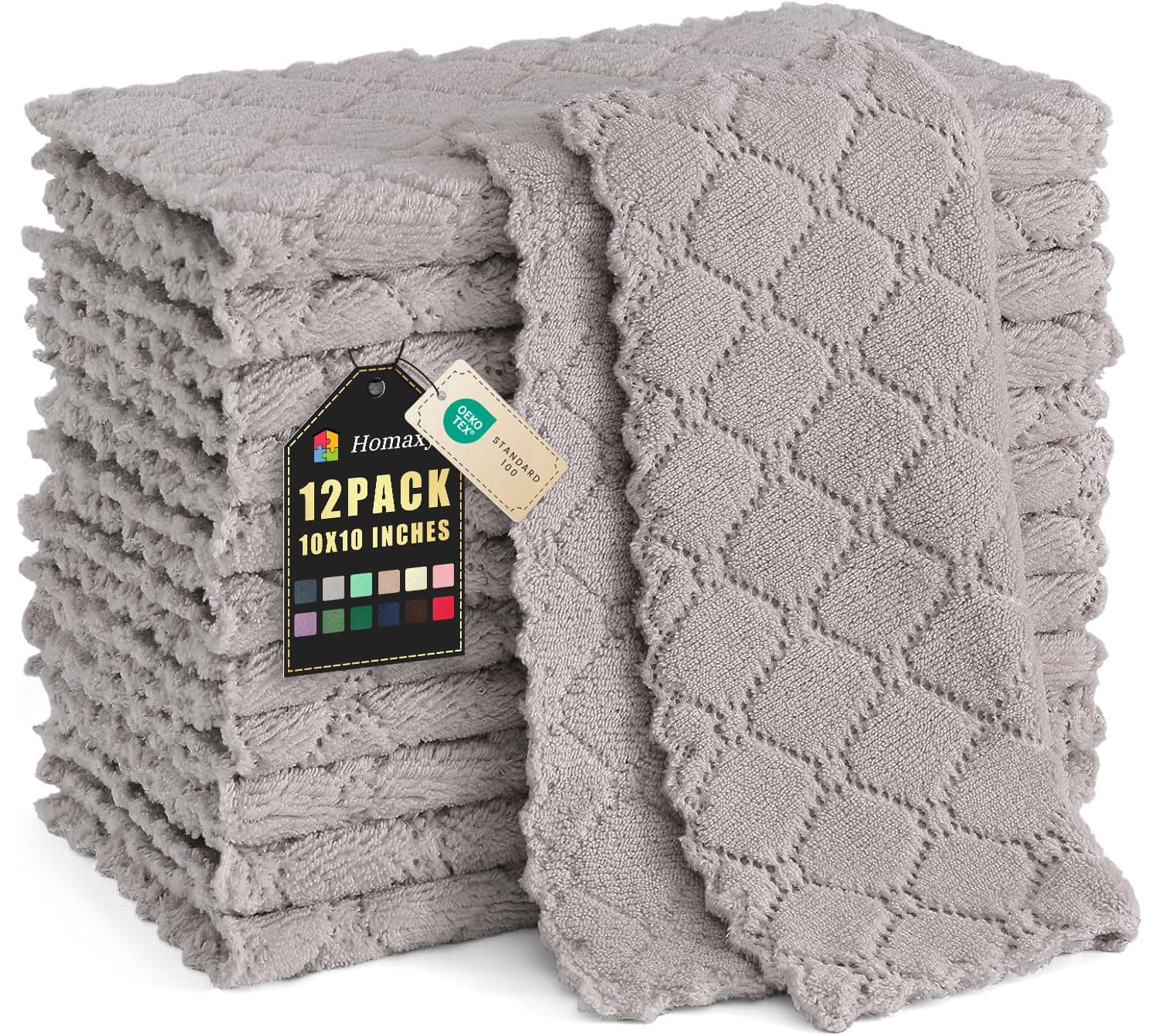 Homaxy 12 Pack Kitchen Dish Cloths (10 x 10 Inches, Grey), Super Soft and Absorbent Coral Velvet Dish Towels, Nonstick Oil Fast Drying Microfiber Cleaning Cloth, No Lint Household Dishcloths