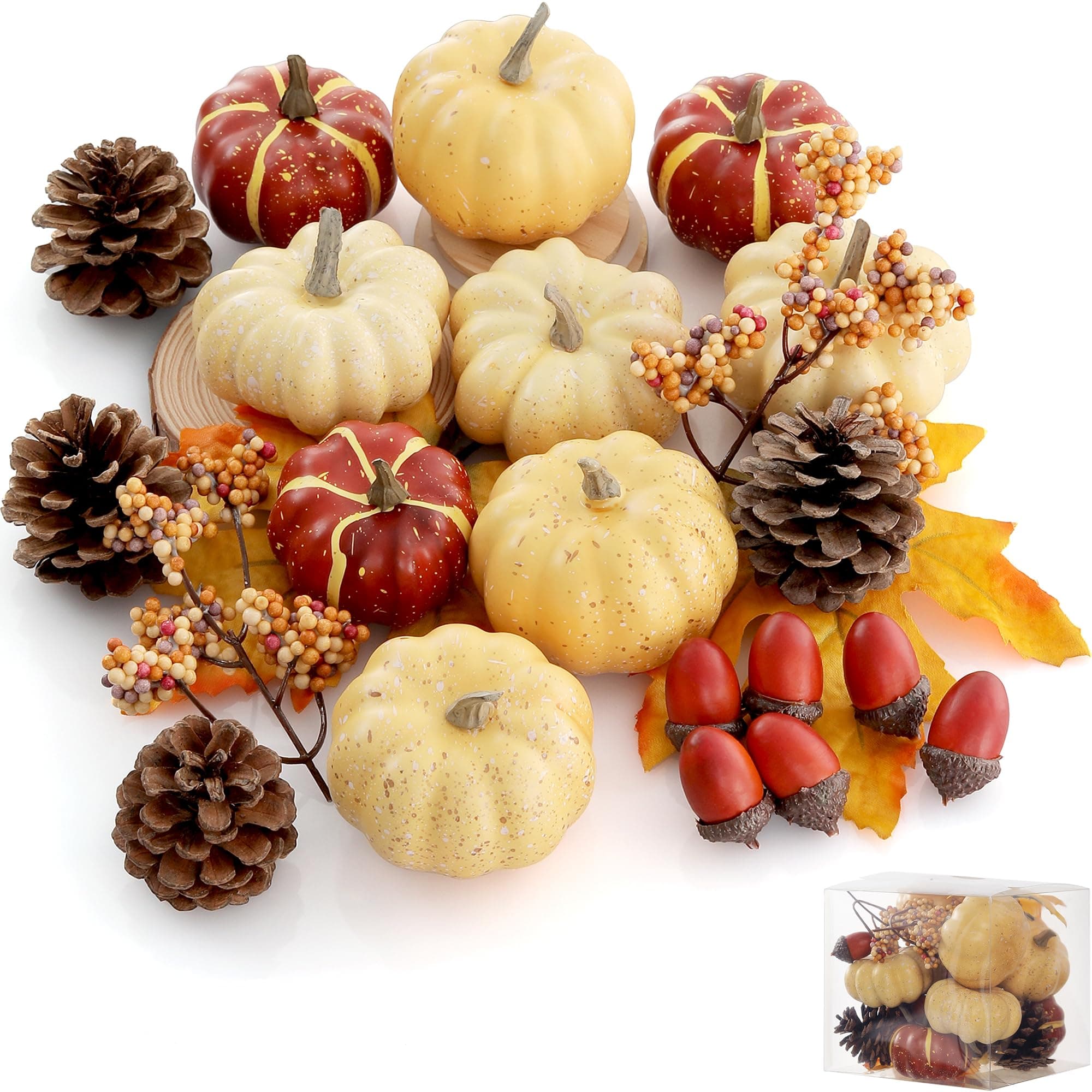 Artgar Artificial Pumpkin Set, 23 PCS Fall Harvest Decorations Including Mini Pumpkins, Acorns, Pinecones, Berries, Maple Leaves for Home Table Wedding DIY Autumn Halloween Thanksgiving Decor