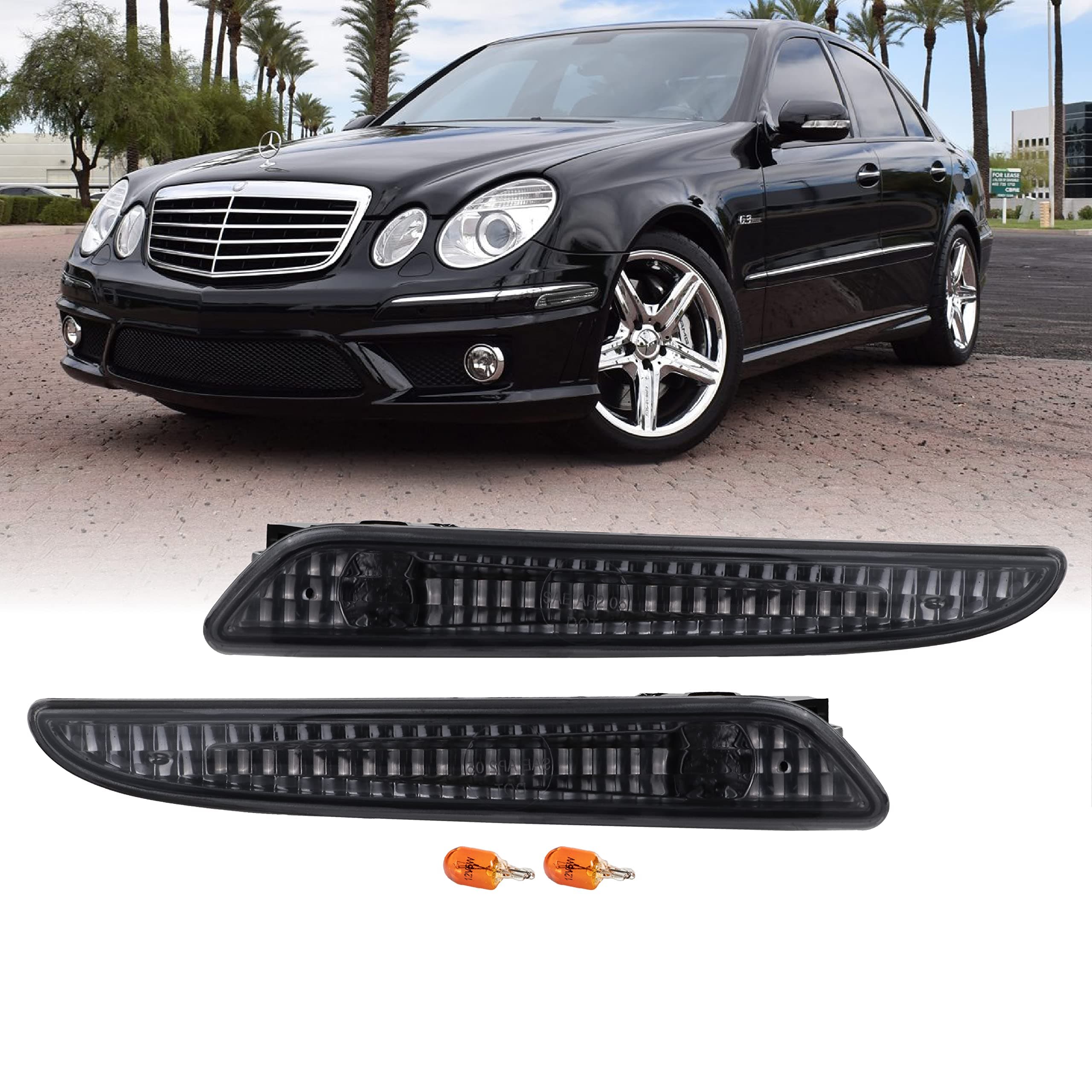 USR 07-09 W211 Side Marker Lights - Front Smoke Bumper Sidemarker Lamps (Left + Right) Compatible with 2007-2009 Mercedes Benz E Class W211 E320/E350/E550/AMG E63 (Euro SMOKED Lens, Plug and Play)