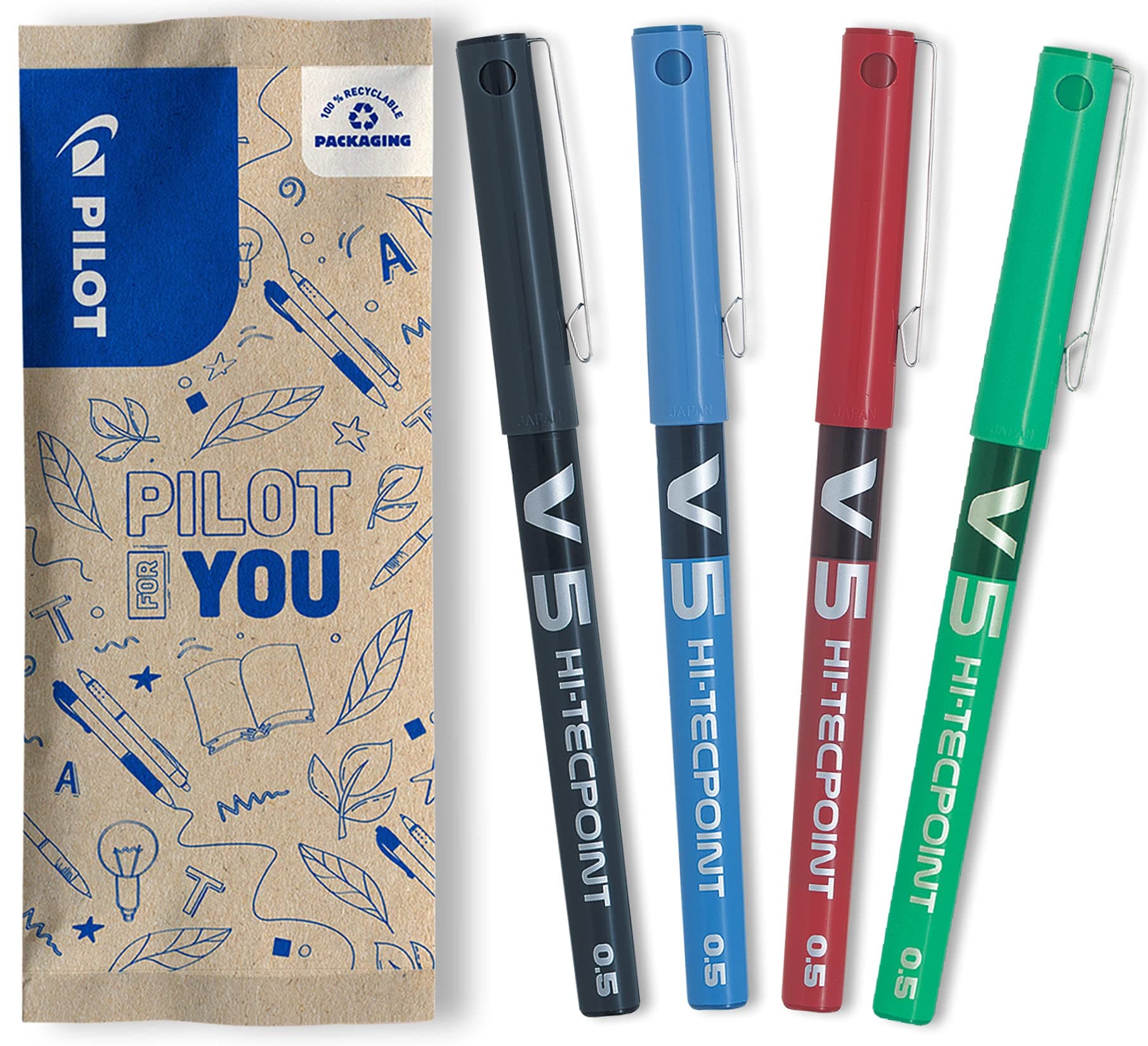 V5 Liquid Ink Rollerball Pen – Fine 0.5mm Tip, Black, Blue, Red & Green Ink, Set of 4