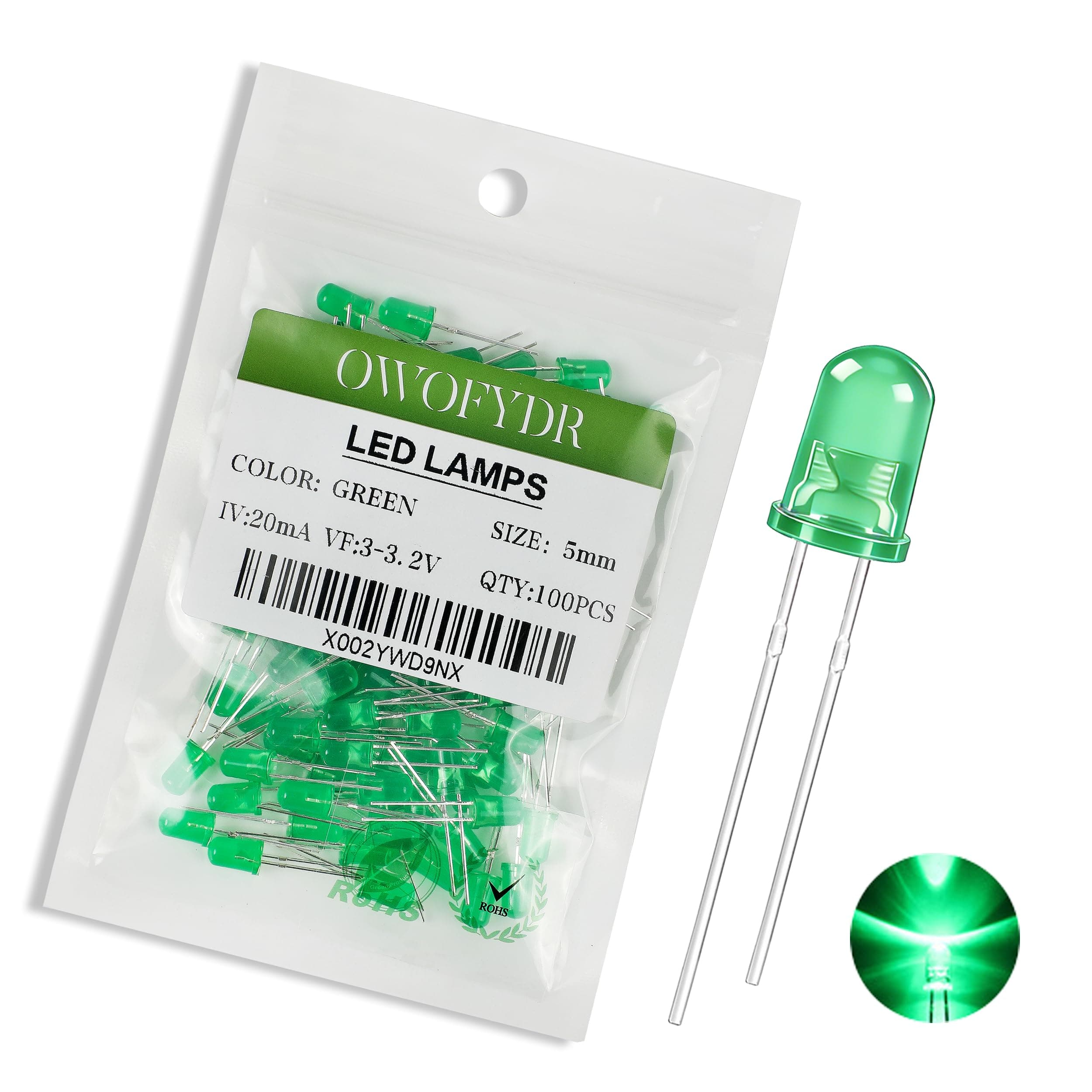 100Pcs 5mm Green LED Diode F5 LED 3V 20mA Diffused Round LED Indicator Light for Arduino DIY, Breadboard, Scientific Experiments