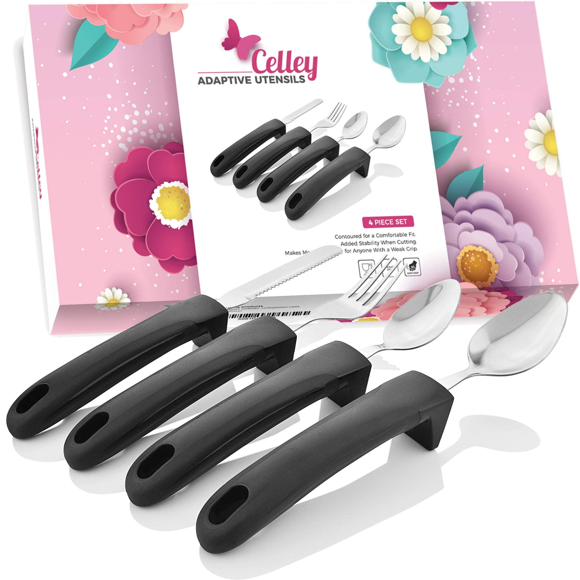 Adaptive Eating Utensils by Celley for Elderly, Handicapped | 4pc Easy Grip Silverware Stainless Steel Knife, Fork, 2 Spoons – (Black)