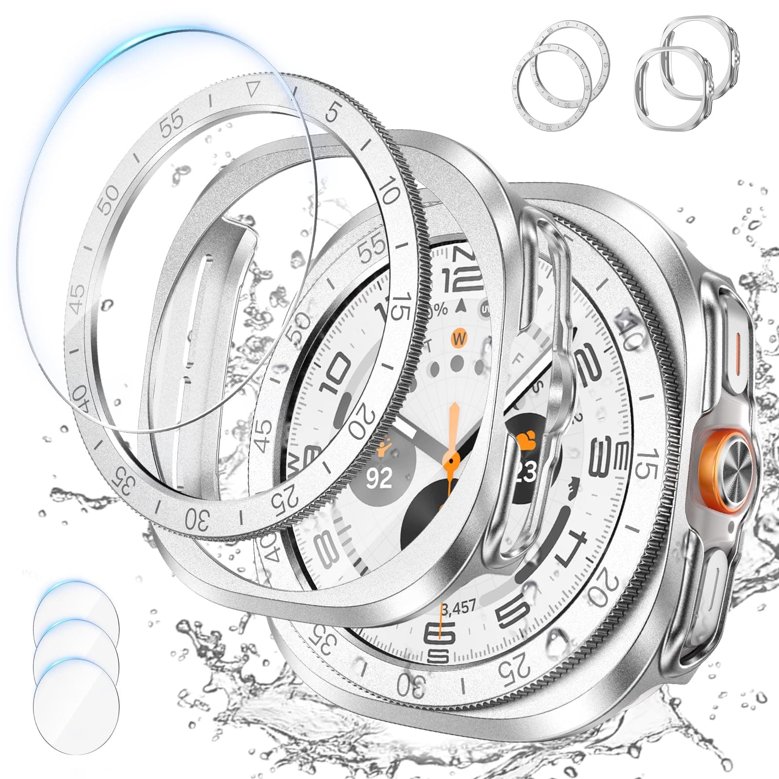 [2+2+3 Pack] Goton 3 in 1 for Samsung Galaxy Watch Ultra 47mm Screen Protector Case, HD Tempered Glass Screen Protector Hard PC Case Bezel Ring Cover for Galaxy Watch 7 8 Ultra, Silver with Indices