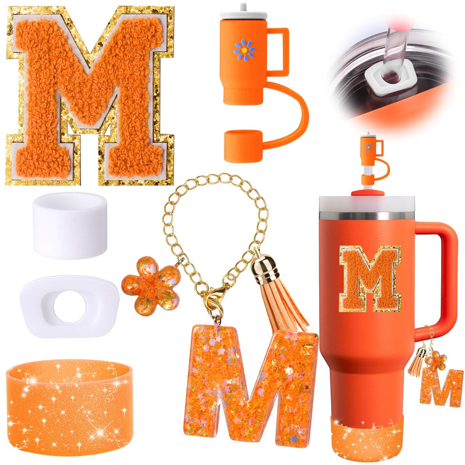 Mity rain 6PCS Orange Cup Accessories Set for Stanley Cup 30oz 40oz tumbler with handle, Including Straw Topper Cover Cap and Boot, Spill Proof Stopper, Handle Charm, Initials Sticker(Letter M