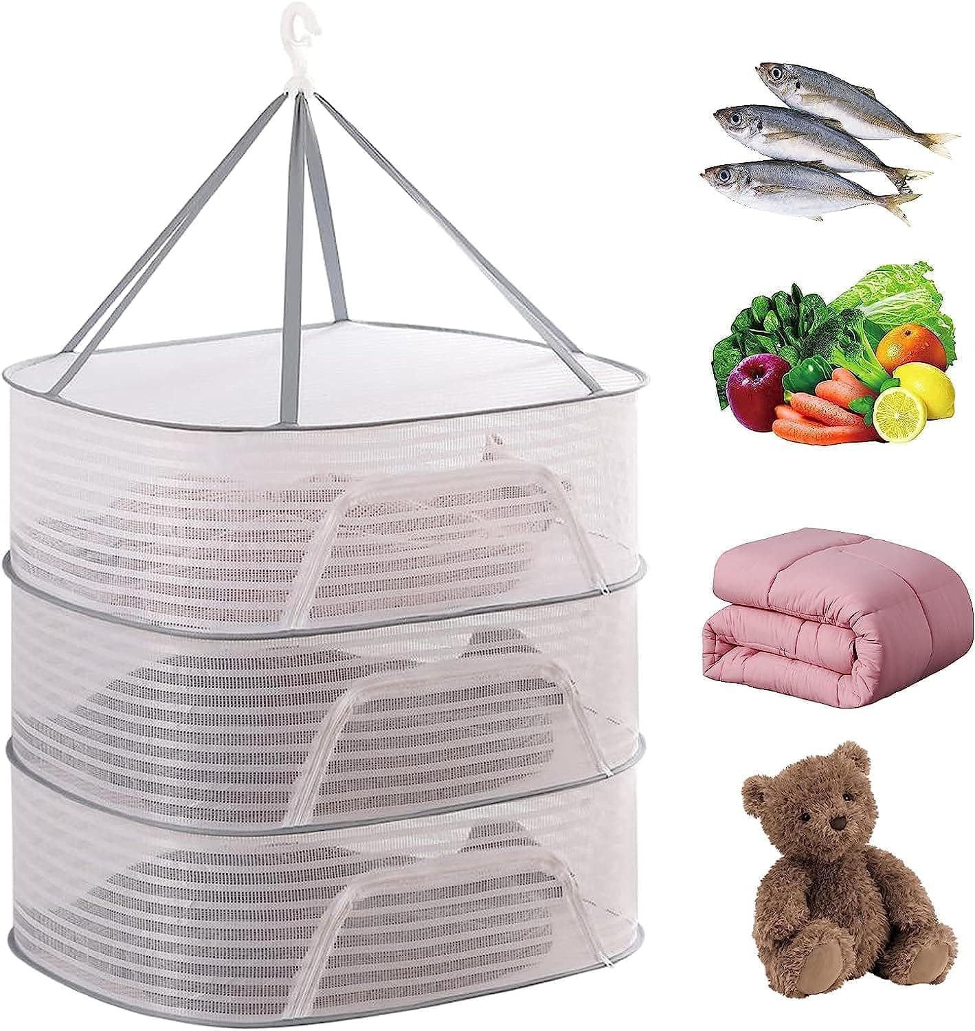 Drying Rack 3 Layer Hanging Mesh Net for Plants, Fish, Buds, Fruits, Hydroponics Flowers, Vegetables, Clothes, Doll - Foldable Dryer
