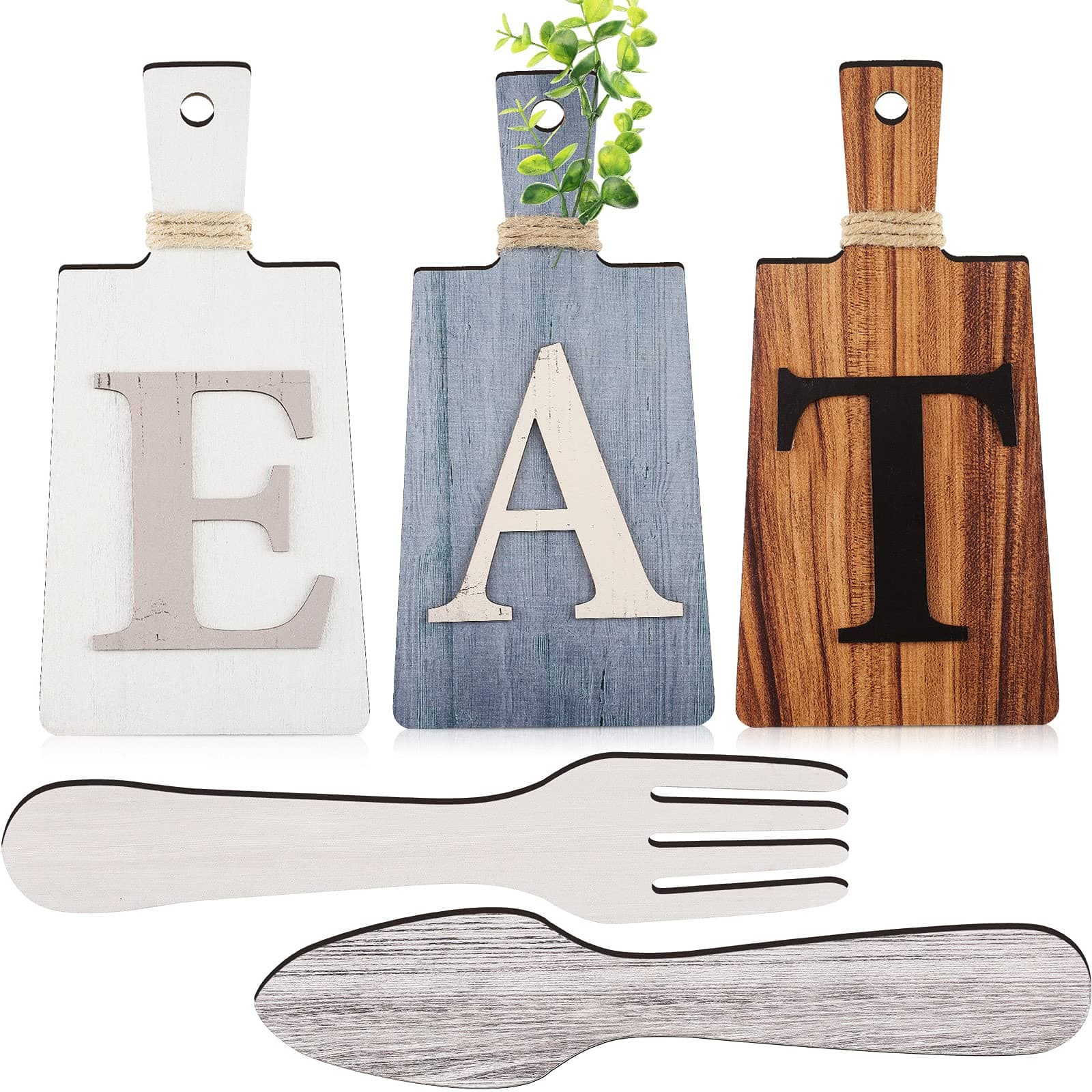 Jetec Cutting Board Eat Sign Set Hanging Art Kitchen Fork and Spoon Wall Decor Rustic Primitive Country Farmhouse for Home Decoration ()