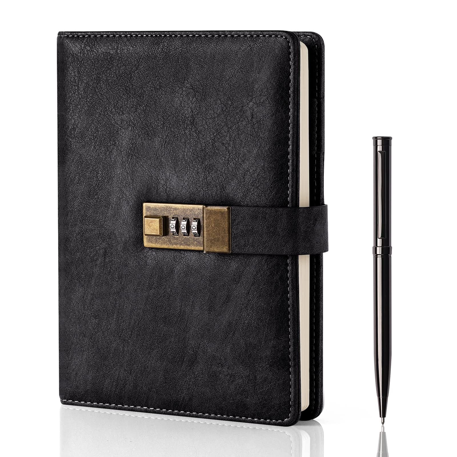 WEMATE Diary With Lock,A5 Pu Leather Journal With Combination Lock,Vintage Lock Journal Password Protected Notebook With Pen&Gift Box,Lock Diary Planner Organizer For Women Men,8.6X5.8In,Black,240 Pages