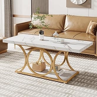 Tribesigns Rectangle Coffee Table, 46.45-inch Modern Coffee Tables for Living Room, 2-Tier Faux Marble Wood Coffee Table with Geometric Legs, Furniture with Storage Shelf (White & Gold)