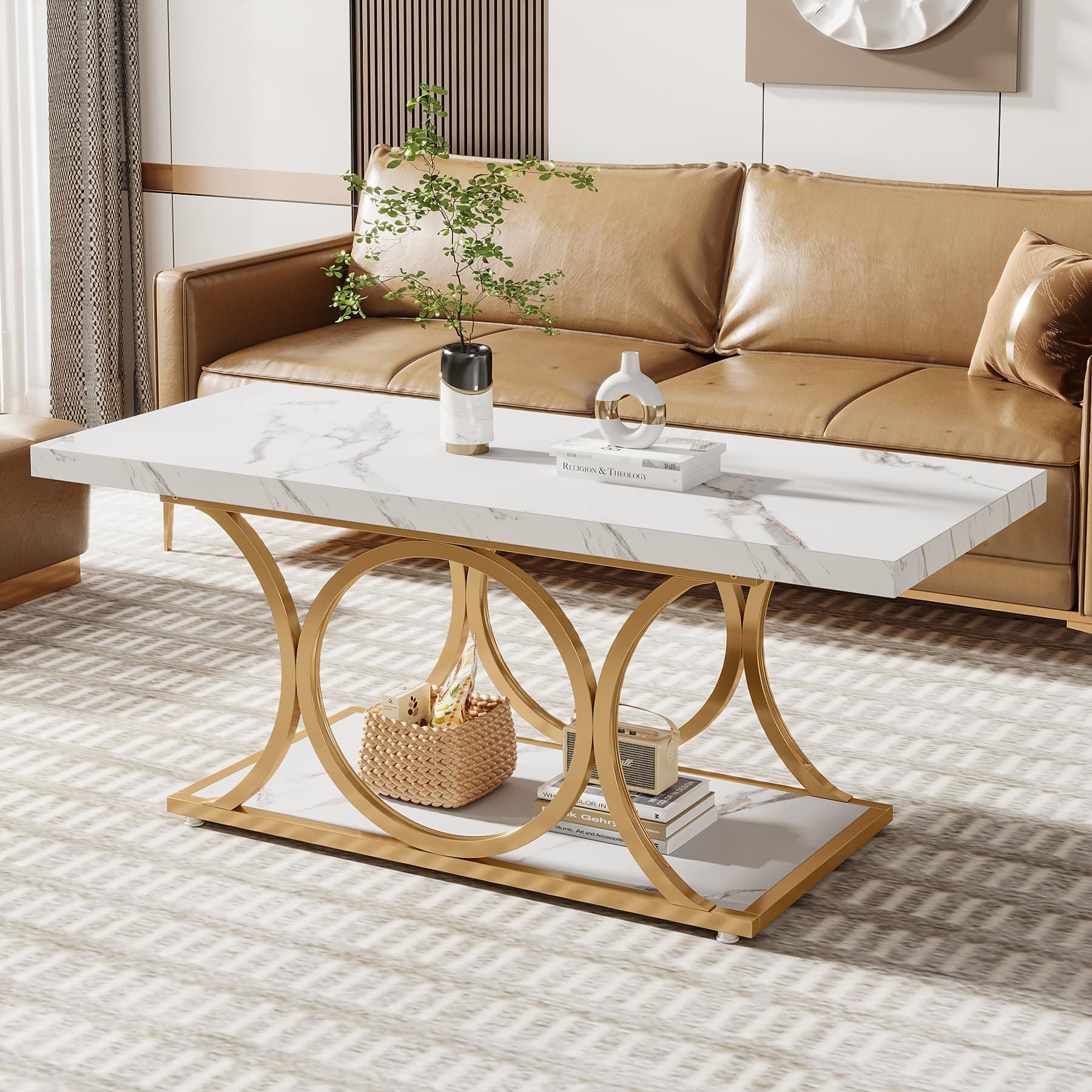 Tribesigns Rectangle Coffee Table, 46.45-inch Modern Coffee Tables for Living Room, 2-Tier Faux Marble Wood Coffee Table with Geometric Legs, Furniture with Storage Shelf (White & Gold)
