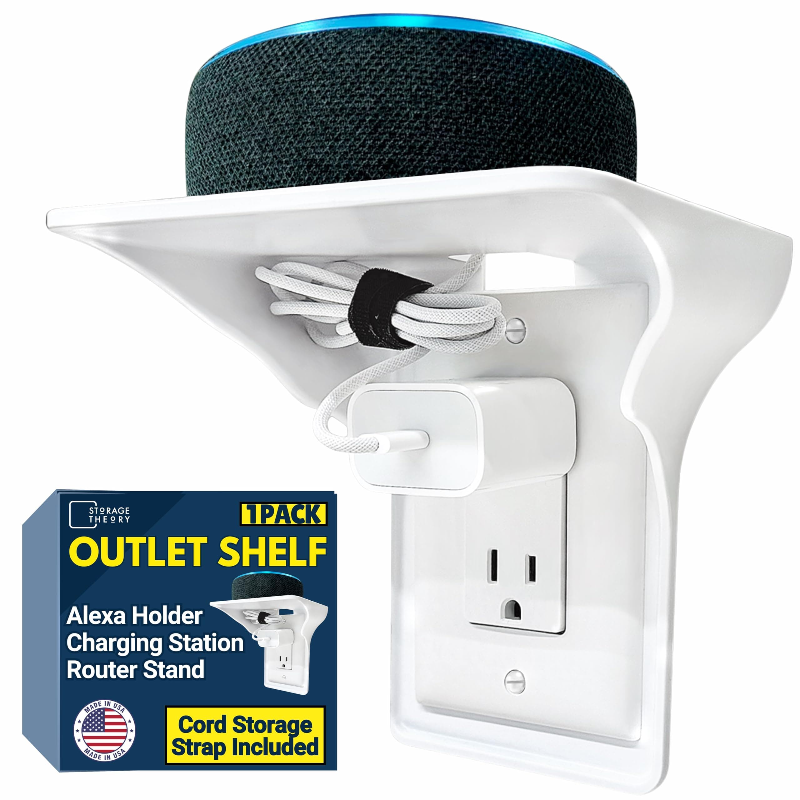 BeraTek Power Perch Wall Outlet Shelf with Cord Storage Strap - Declutter & Reclaim Counter Space - Bathroom Shelf Alexa Holder, Charging Stand, Apple Homepod Mini Wall Mount - White, 1-Pack