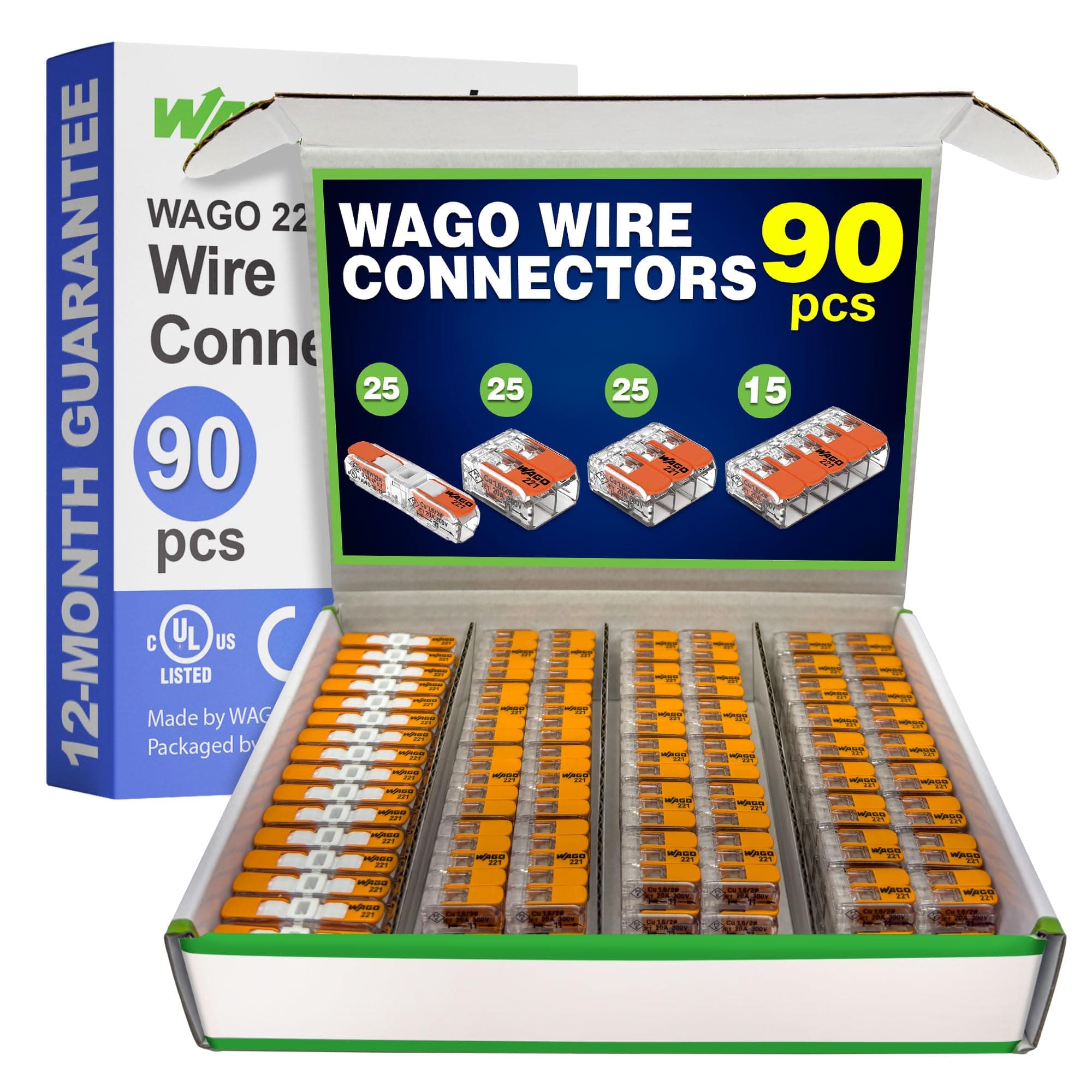 WAGO 221 Series Lever Nuts | Compact Splicing Wire Connectors Assortment Pack 90pc | 221 Series Assortment with Case | Includes (25x 221-2401), (25x 221-412), (25x 221-413), (15x 221-415)