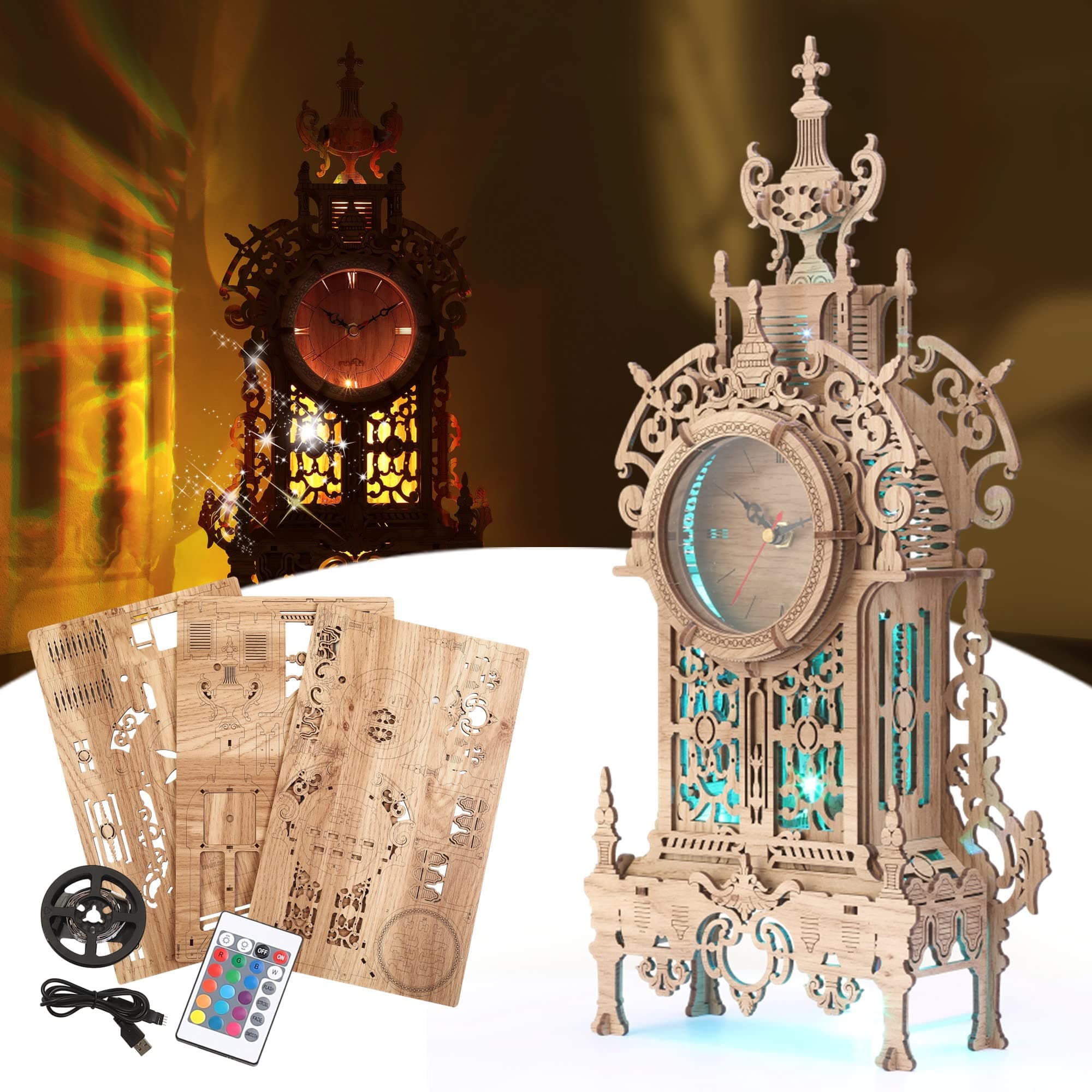 FUNPOLA 3D Wood Puzzle LED Tower Clock，3D puzzle desktop clock model DIY architectural building blocks (TC2)