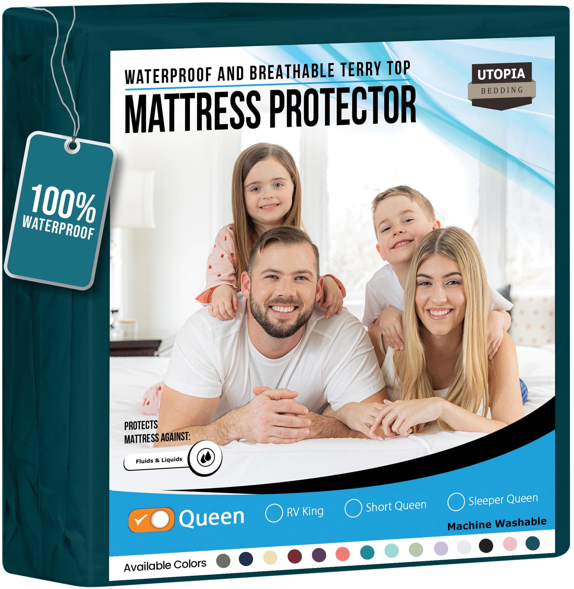 Utopia Bedding Waterproof Mattress Protector Queen Size, Premium Terry Mattress Cover 200 GSM, Breathable, Fitted Style with Stretchable Pockets (Teal)