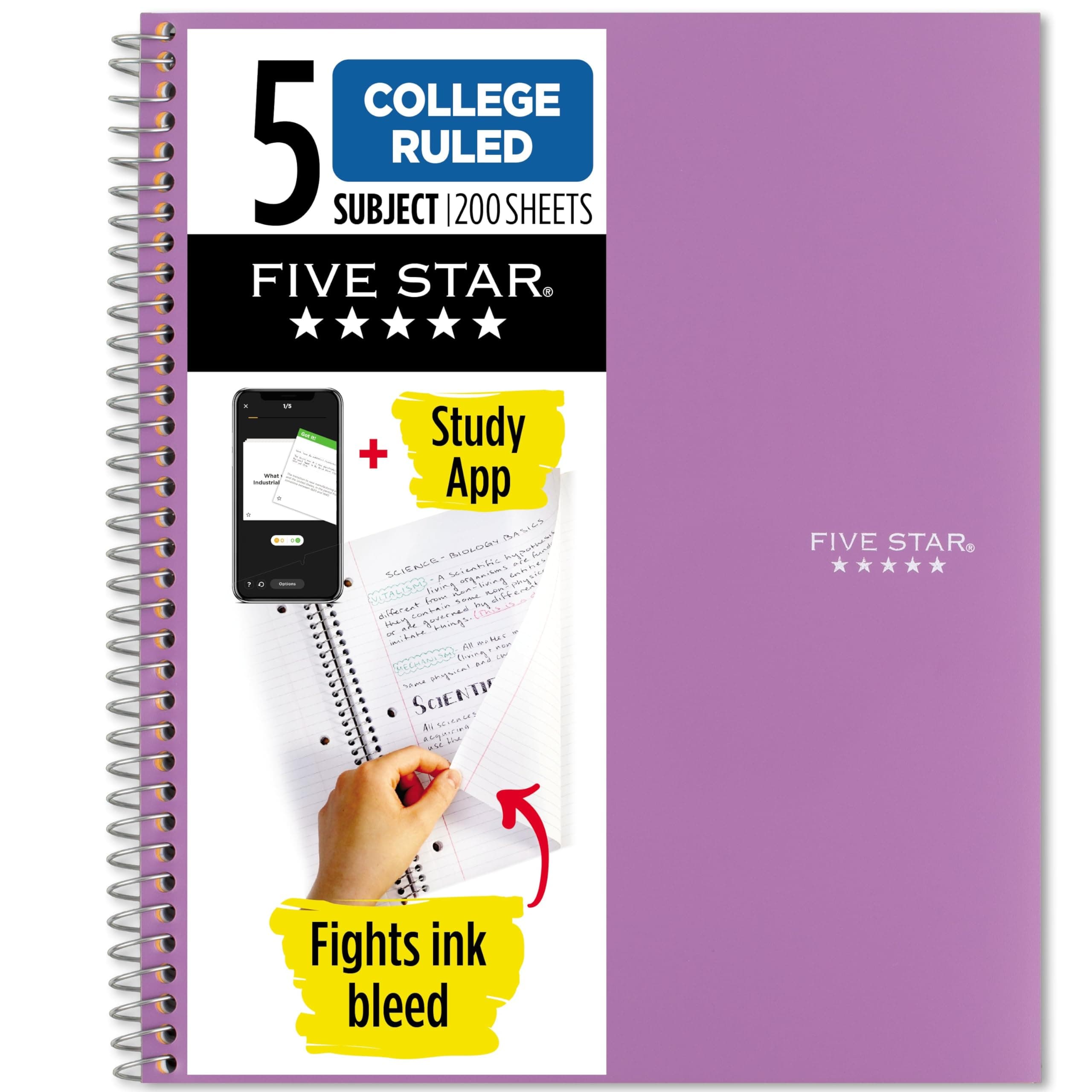 Spiral Notebook + Study App, 5 Subject, College Ruled Paper, Fights Ink Bleed, Water Resistant Cover, 21.6 cm x 27.9 cm, 200 Sheets, Purple (38748)