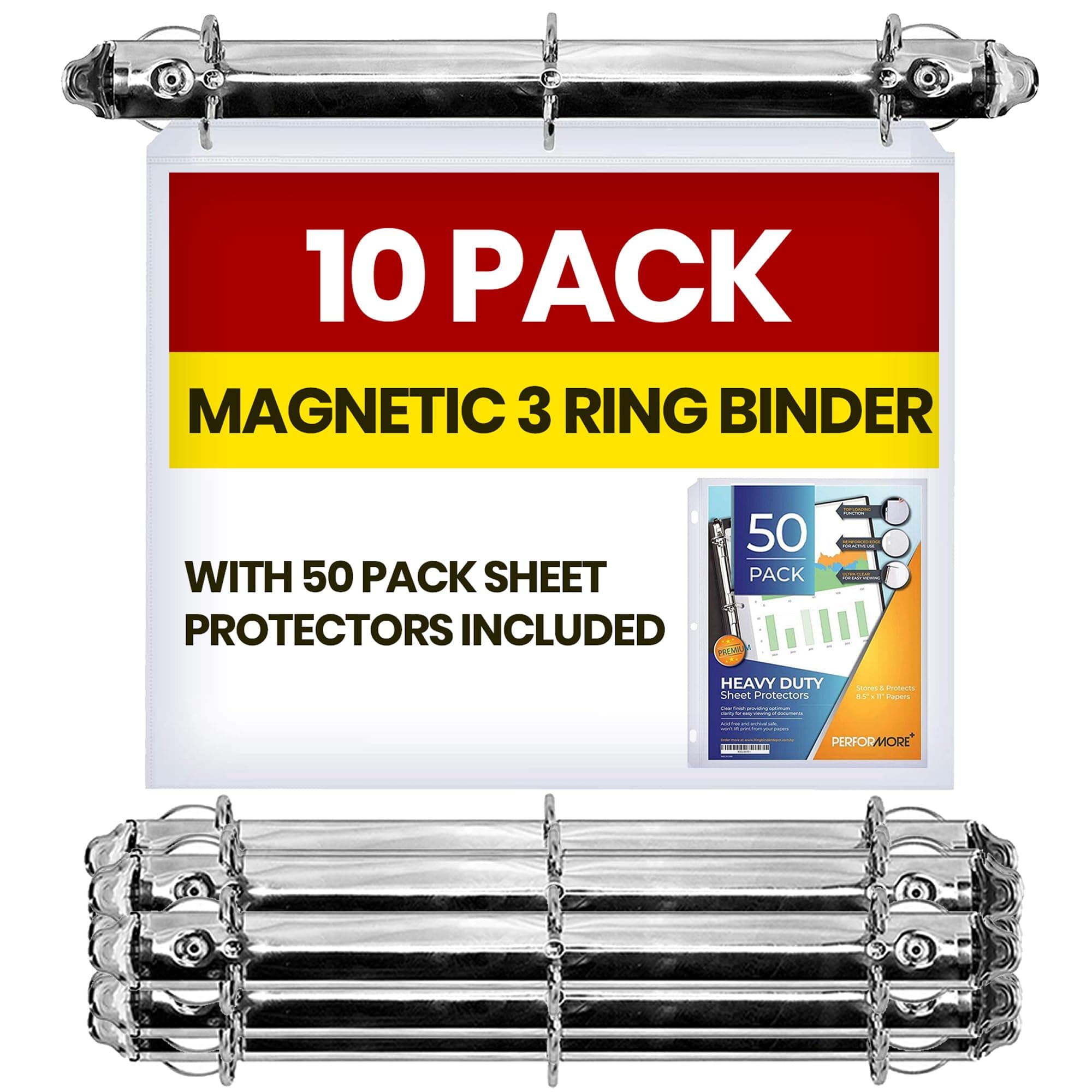 Magnetic 3 Ring Binder Locking Mechanism – 10 Pack – for Hanging 8.5 x 11 Inch Sheets of Paper – 3 Rings – 1 Inch D Shaped Rings – 5S Visual Aid - 50 Sheet Protectors Included