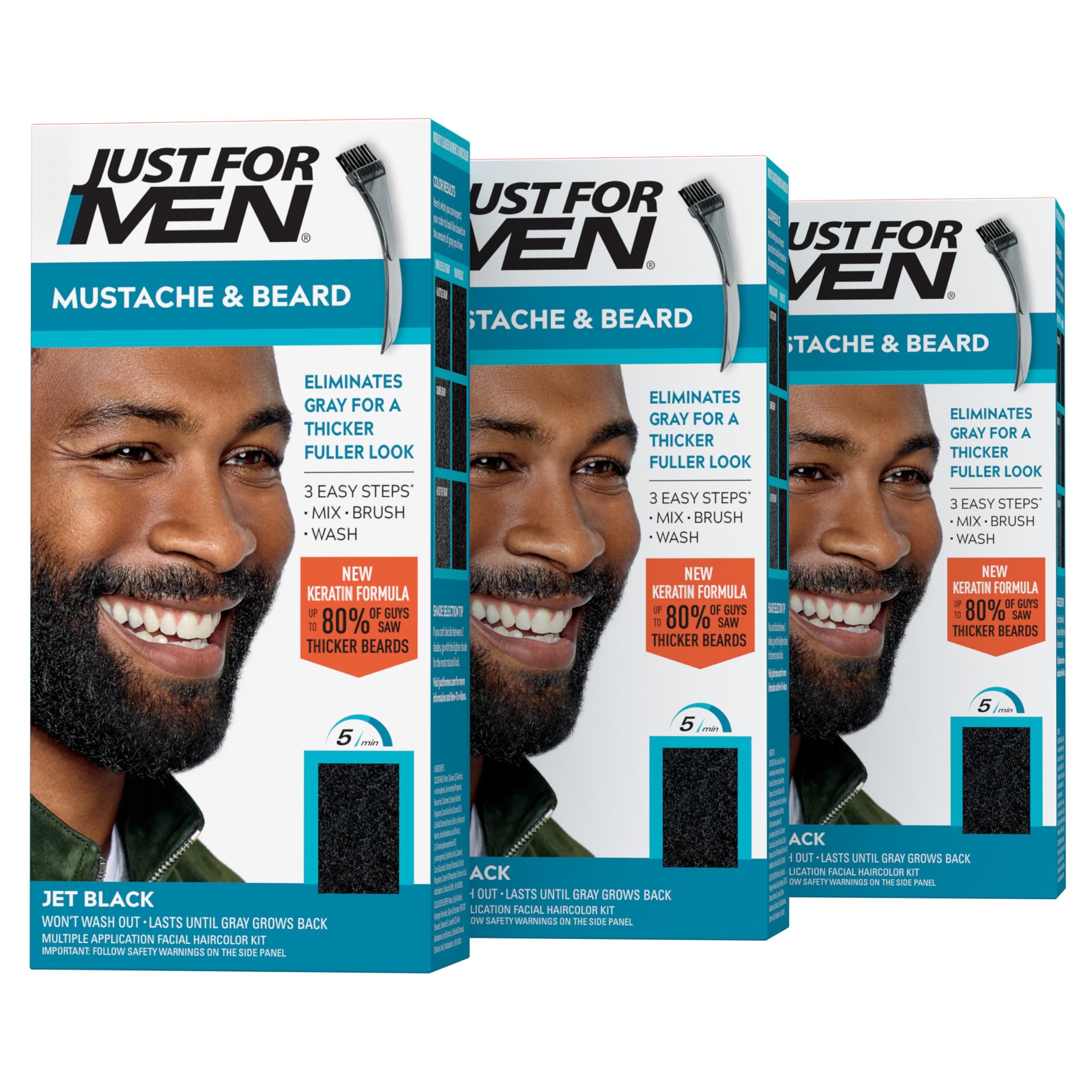 Mustache & Beard, Beard Coloring for Gray Hair with Brush, With Keratin Biotin Aloe and Coconut Oil for Healthy Facial Hair - Jet Black, M-60, Pack of 3 (Packaging May Vary)