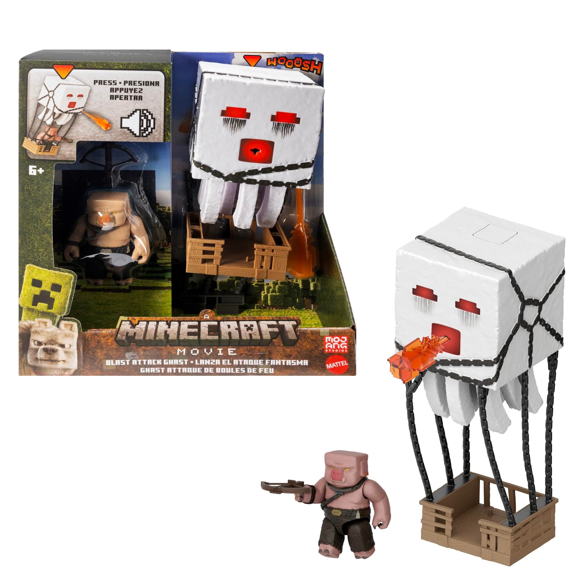 Mattel Minecraft Action Figure Set, Blast Attack Ghast with Lights, Sounds, Launcher & Projectile, Plus Piglin Warrior Inspired by the Movie, JFB69