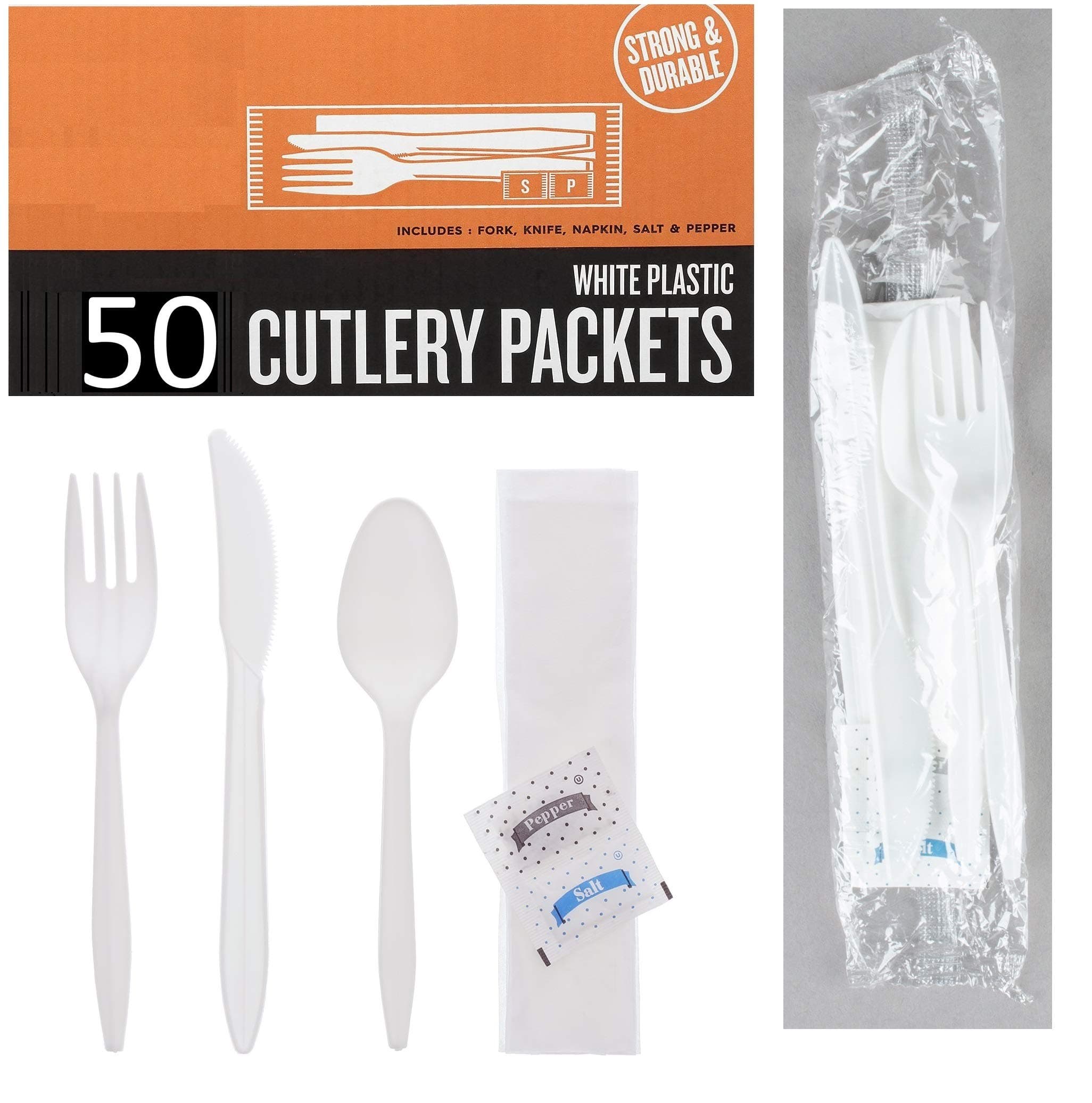 Plastic Cutlery Packets - Knife Fork Spoon Napkin Salt Pepper Sets | Black Plastic Silverware Sets Individually Wrapped Cutlery Kits (50 Pack, White)