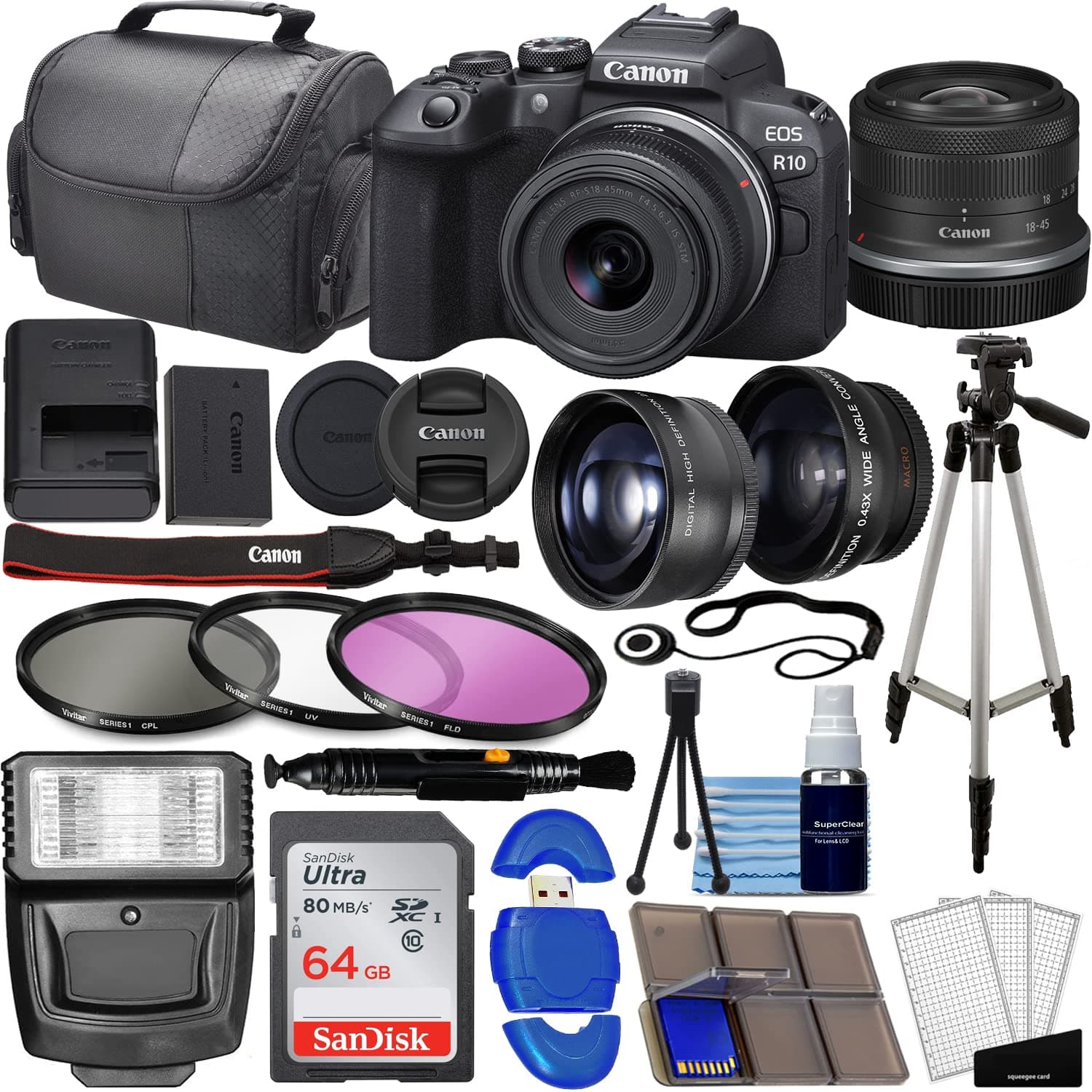Canon EOS R10 Mirrorless Camera w/RF-S 18-45mm f/4.5-6.3 is STM Lens + Wide Angle Lens + Telephoto Lens + 64GB Memory + Filter Kit + Case + Flash + Tripod + More (37pc Bundle), Black
